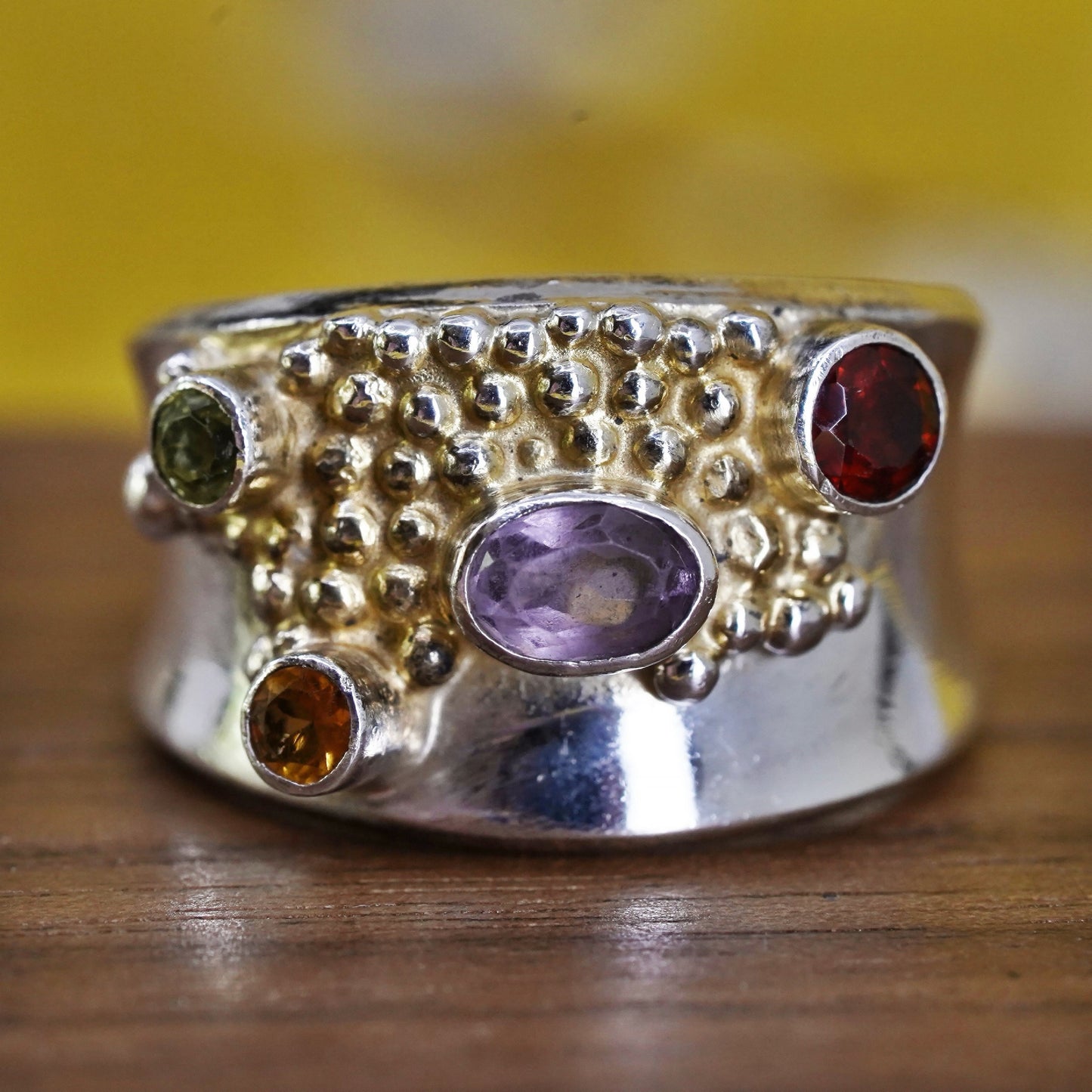 Size 8.25, Sterling 925 silver ring with ruby, peridot, amethyst and citrine