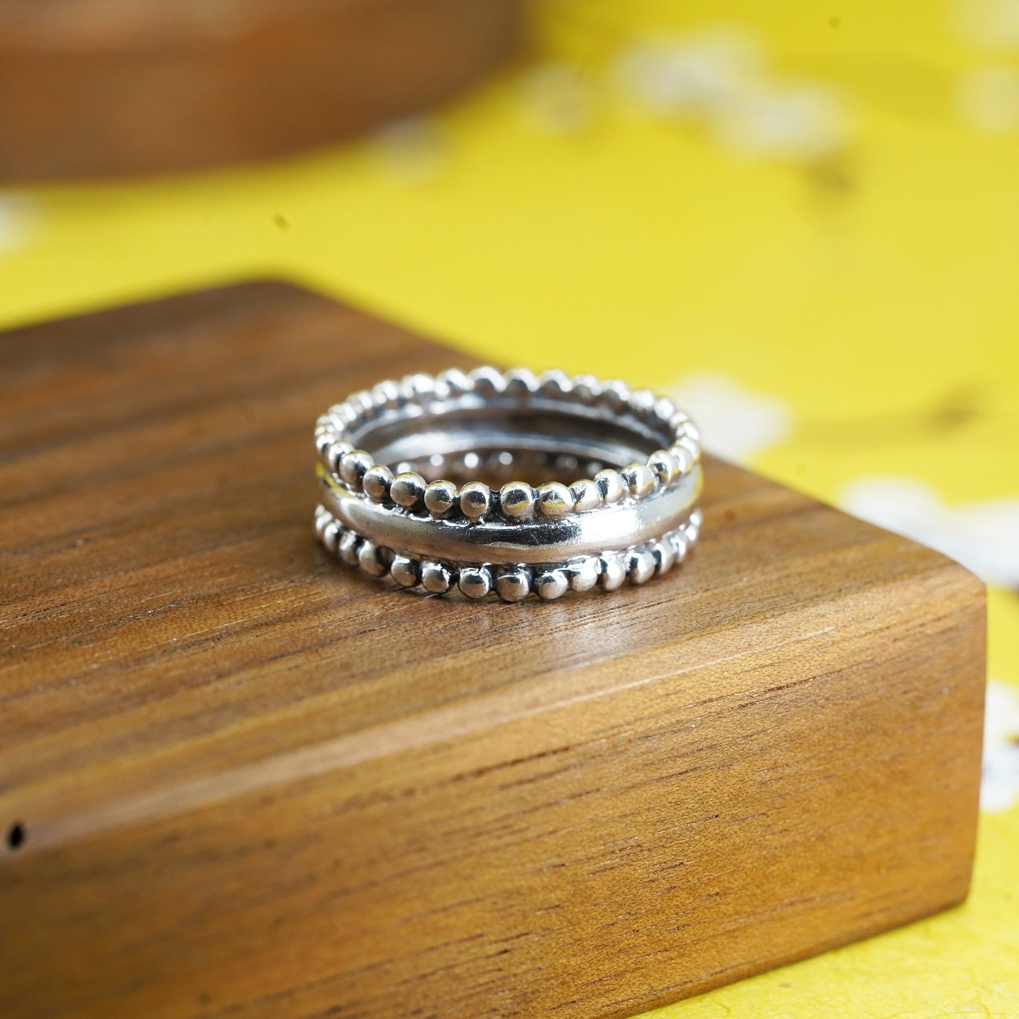 Size 8.5, Vintage Sterling silver stackable handmade ring, 925 band with beads