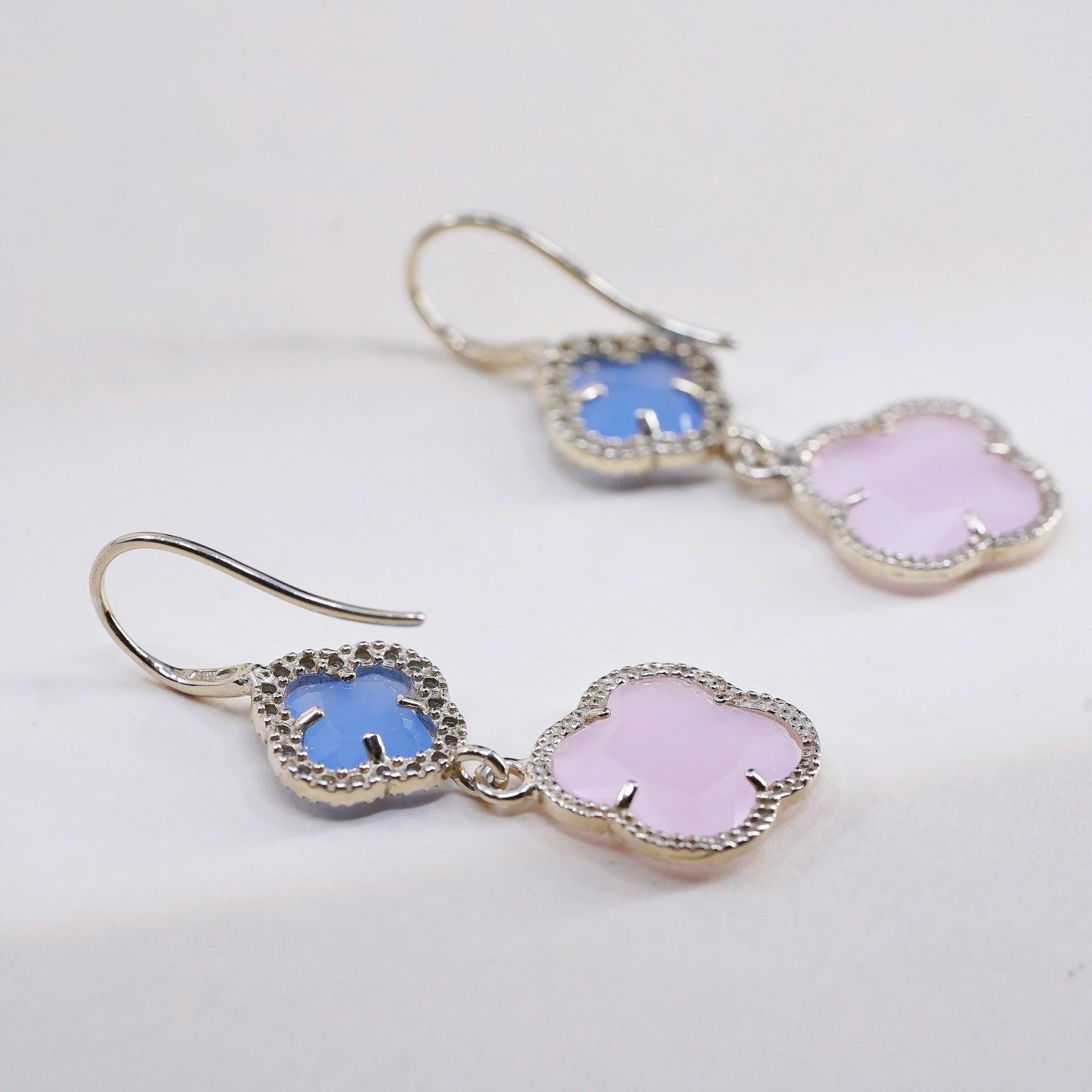 Italian yellow gold plated Sterling Silver Blue Pink Chalcedony Clover Earrings