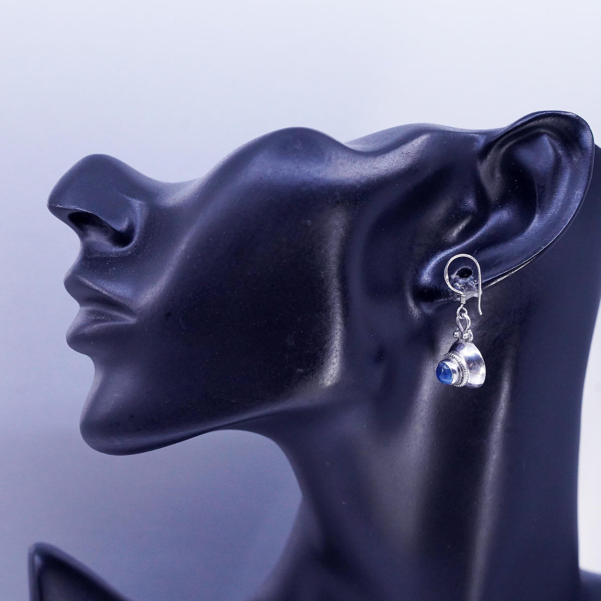 Sterling 925 Silver Blue Moonstone Cabochon Dangles, Artisan Rope Drop Earrings