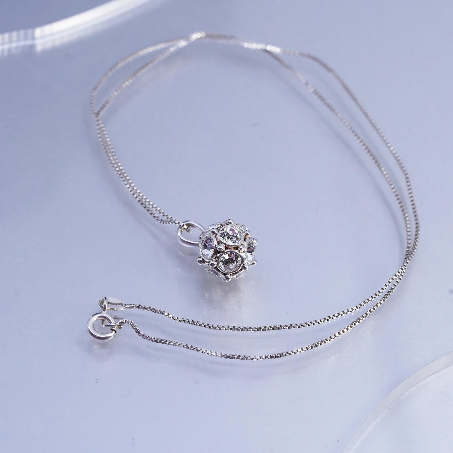 18", vintage Sterling 925 silver box chain necklace cluster cz bead pendant