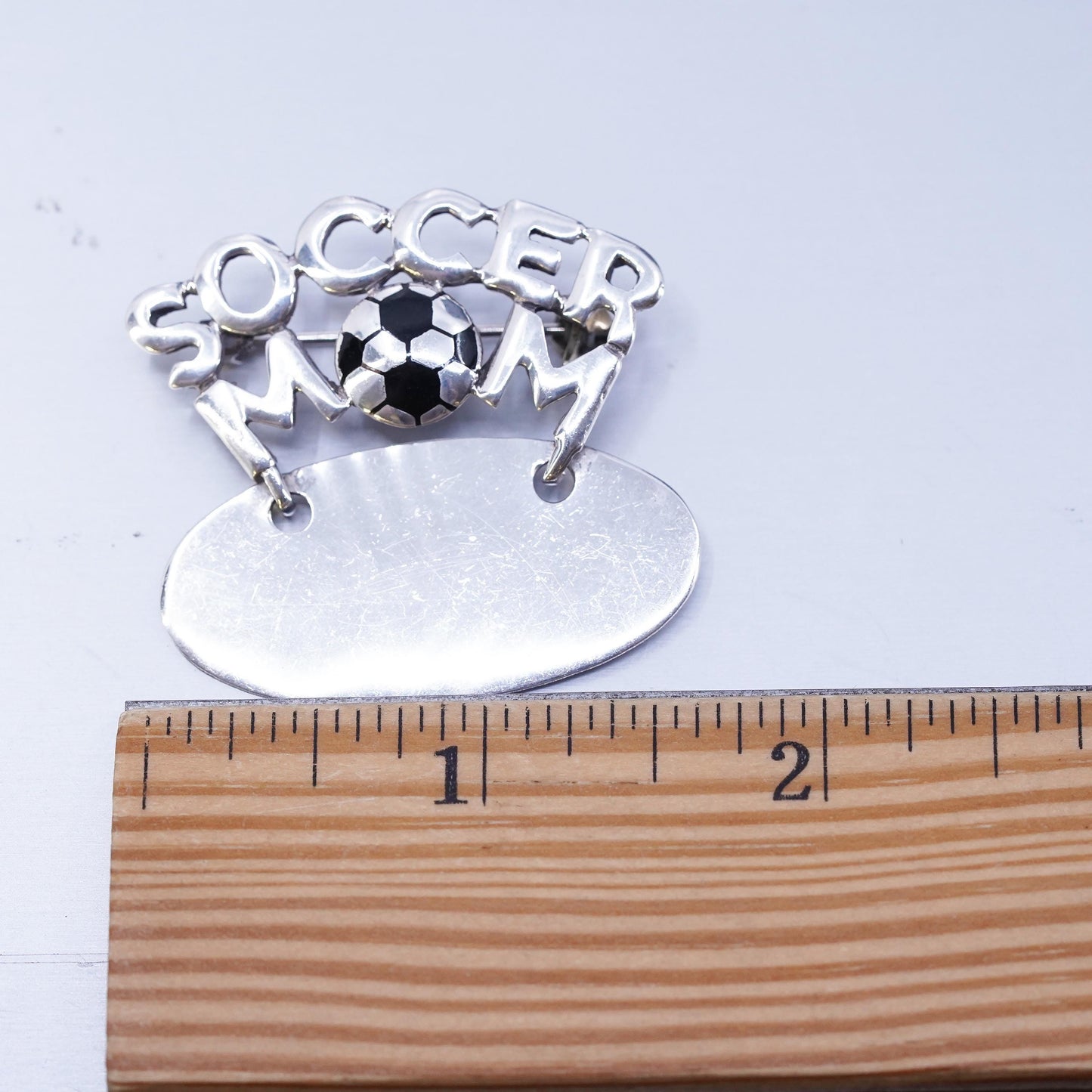 Vintage sterling silver handmade brooch, 925 soccer mom pin with blank tag