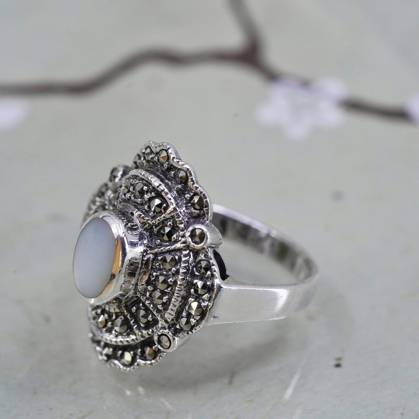Size 8.25, sterling silver Southwestern 925 ring mother of pearl and marcasite