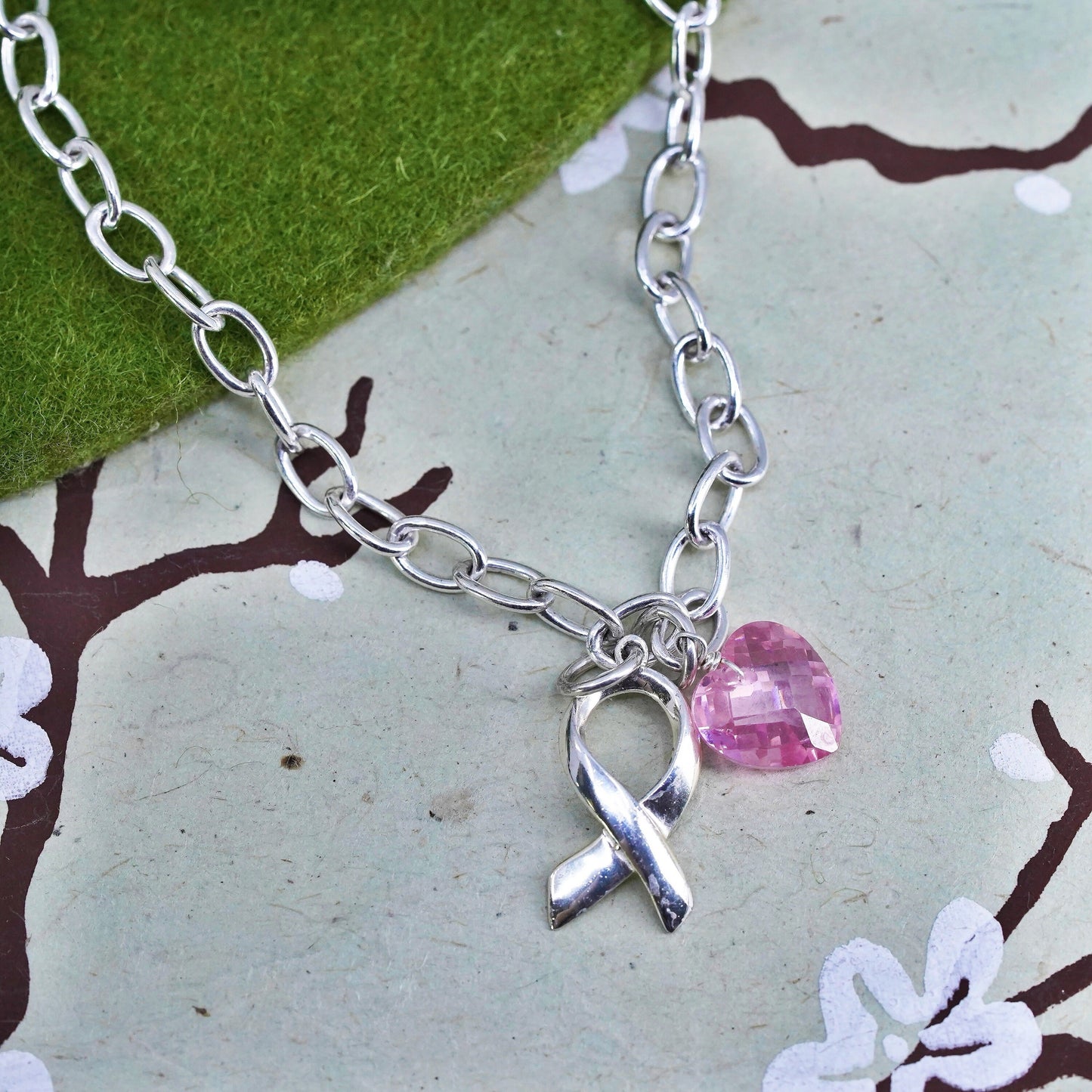7", sterling silver circle bracelet, 925 chain Cz heart breast cancer survivor