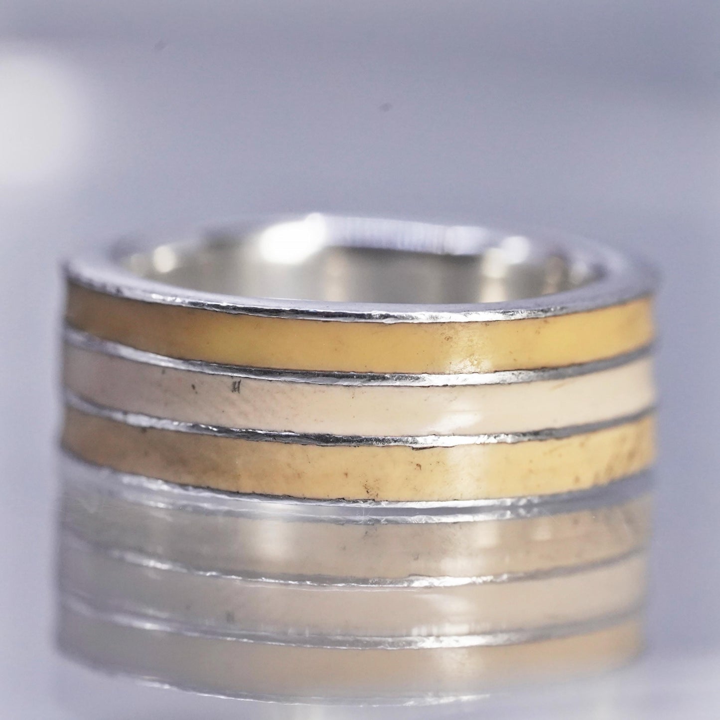 Size 6, vintage Sterling 925 silver handmade ring, ribbed yellow enamel band