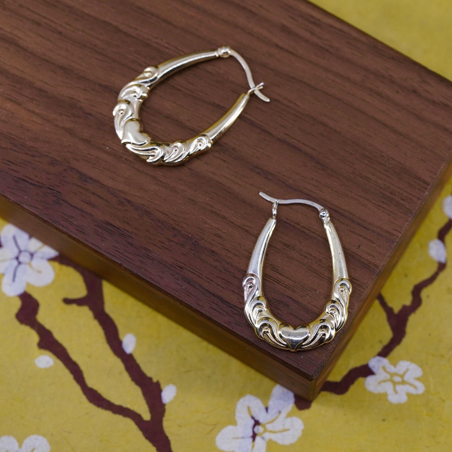 1.25", gold over Sterling silver earrings, 925 textured huggie hoops with heart