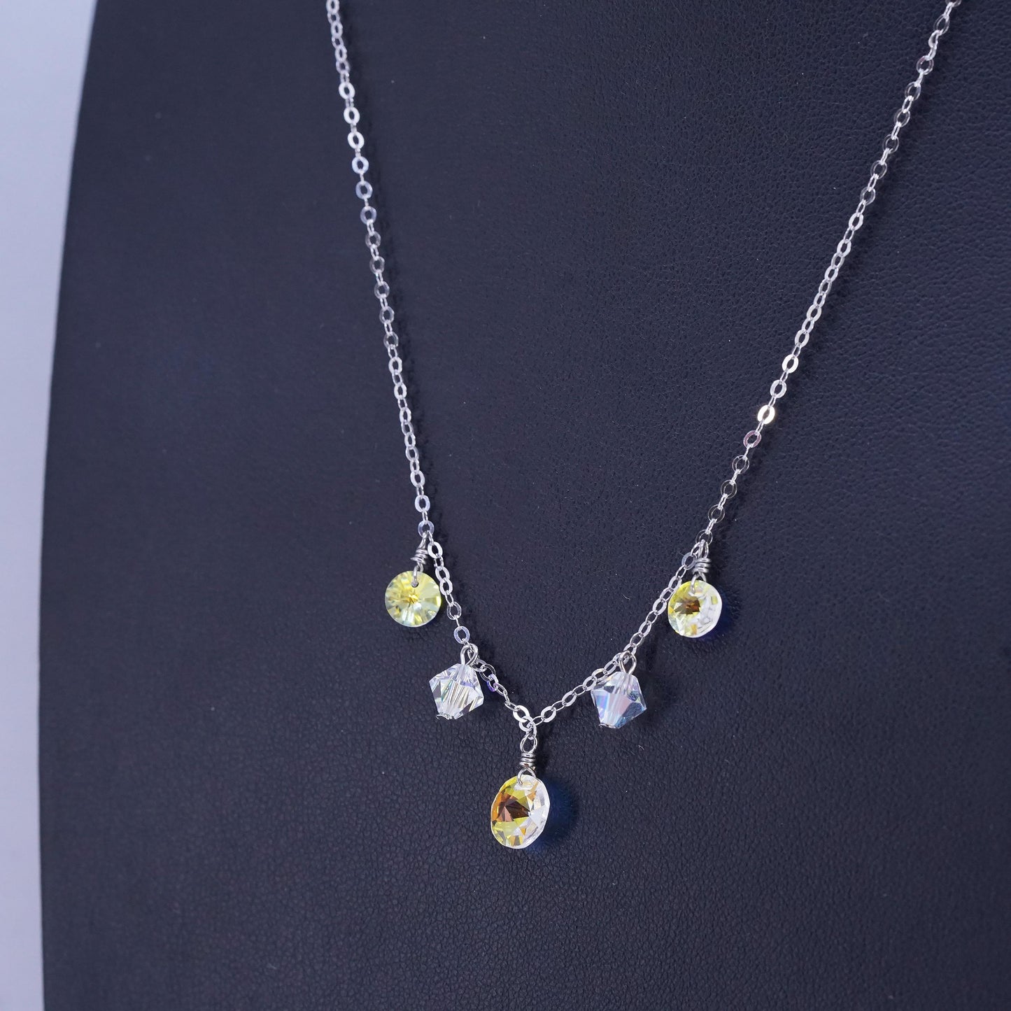18", Vintage Sterling necklace, 925 Silver circle chain AB Crystal charms