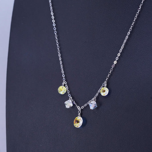 18", Vintage Sterling necklace, 925 Silver circle chain AB Crystal charms