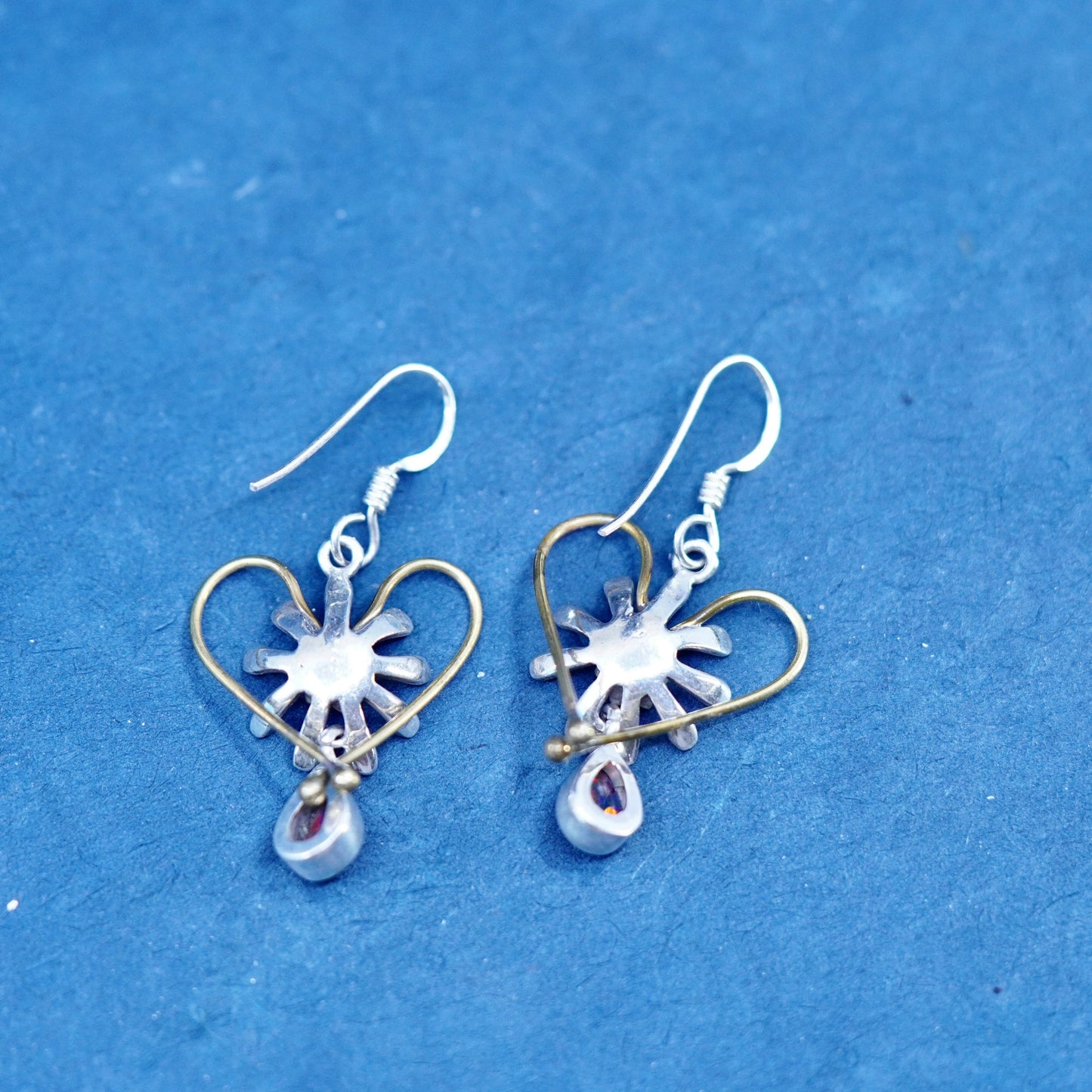 sterling 925 silver flower with brass heart earrings teardrop fire opal dangles