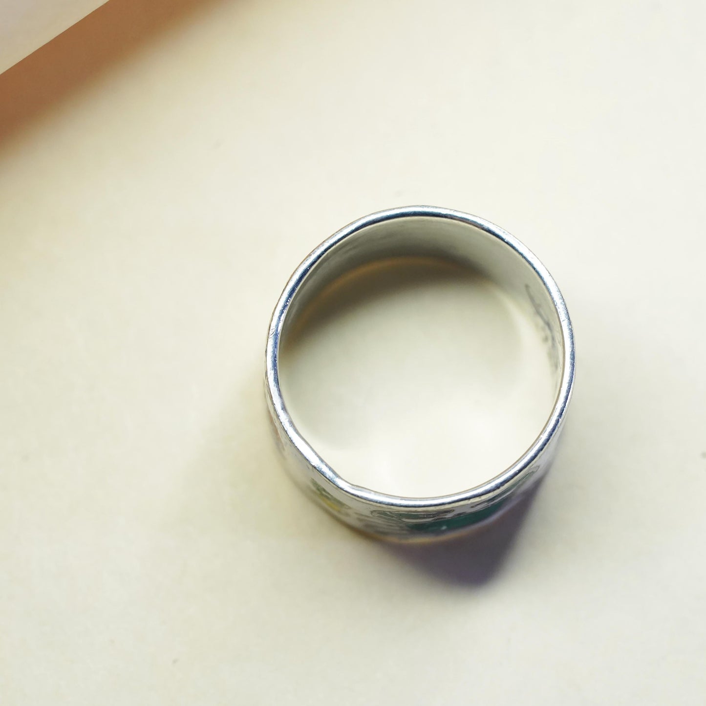 Size 4, vintage Sterling silver ring, 925 enamel tribal folk art statement band