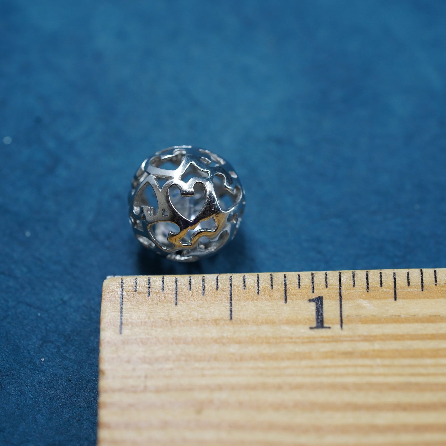 Vintage sterling silver handmade pendant, 925 heart bead charm with cz