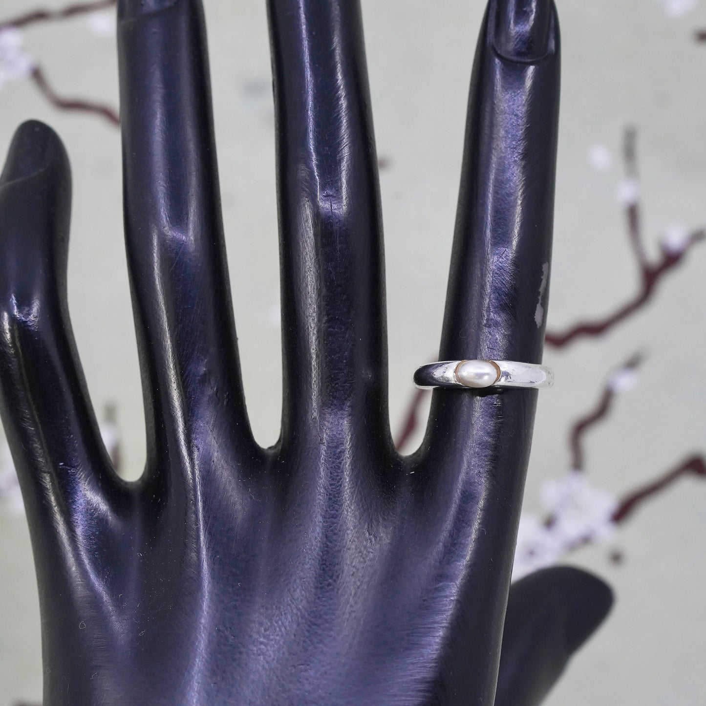 Size 5, vintage sterling 925 silver handmade ring band with pearl, modernist