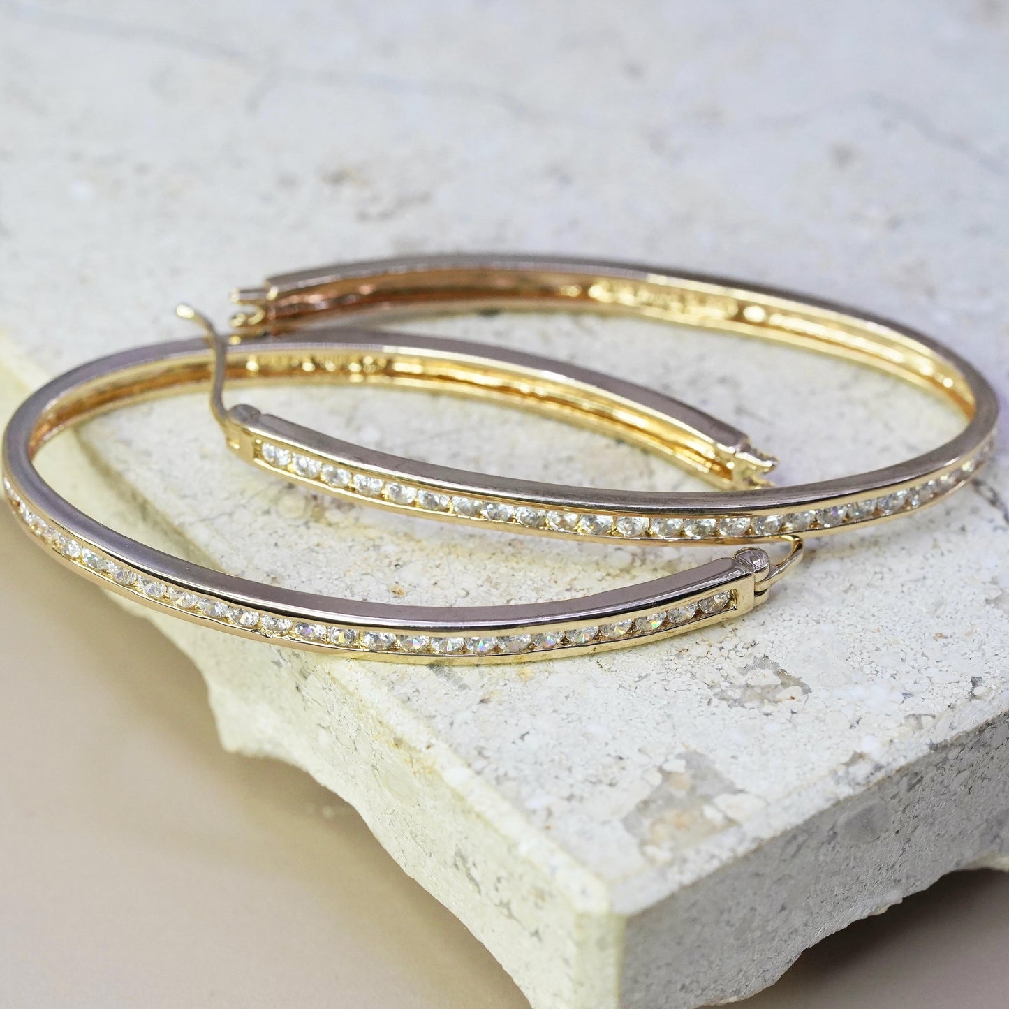 2”, vintage vermeil gold over Sterling silver earrings, 925 oval hoops with cz