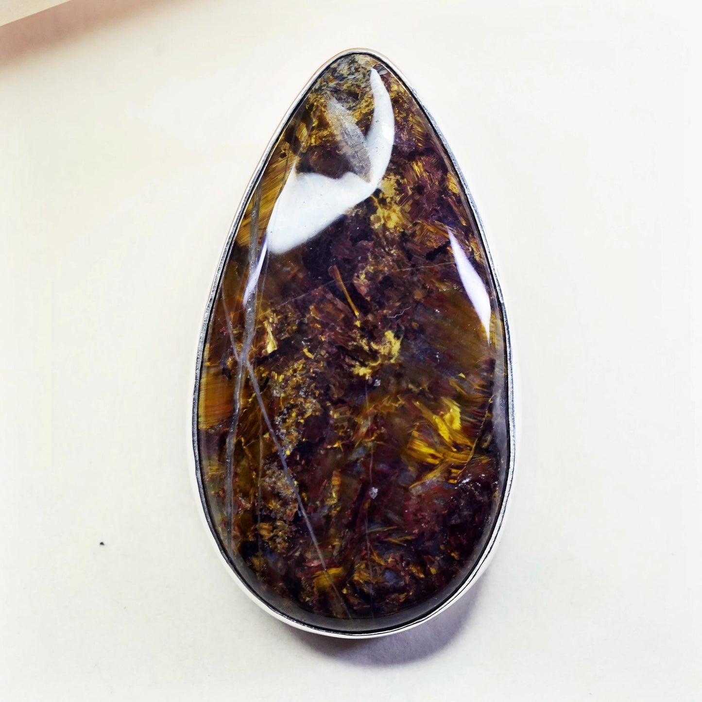 Vintage sterling silver teardrop with golden Pietersite, 925 handmade pendant
