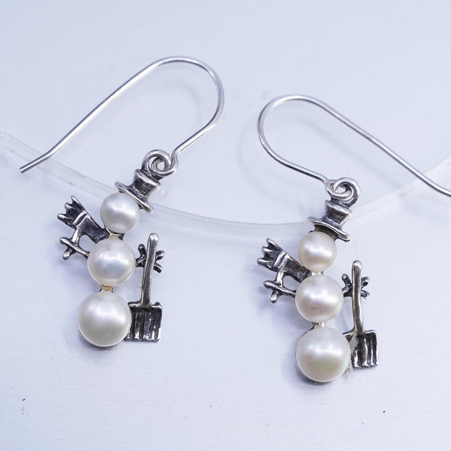 Vintage Silpada 925 Sterling Silver Snowman Earrings w/ Triple-Drop Pearl W1001