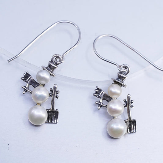 Vintage Silpada 925 Sterling Silver Snowman Earrings w/ Triple-Drop Pearl W1001