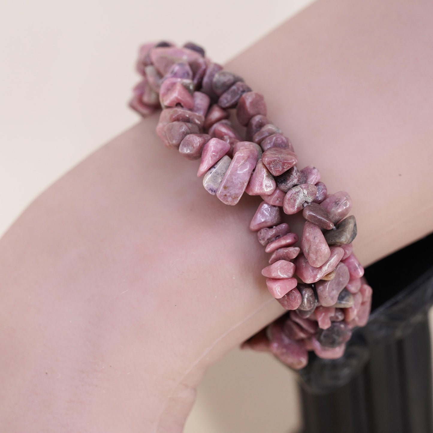 7", Vintage handmade bracelet with multi strands Rhodonite beads stretchy band