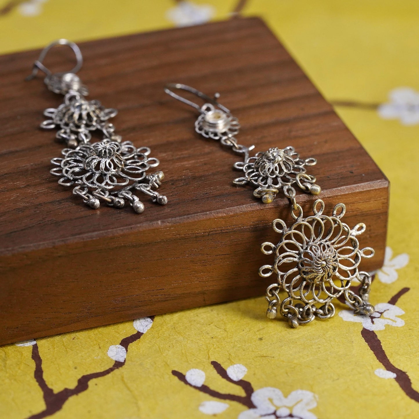 Vintage Sterling 925 silver handmade filigree flower long earrings