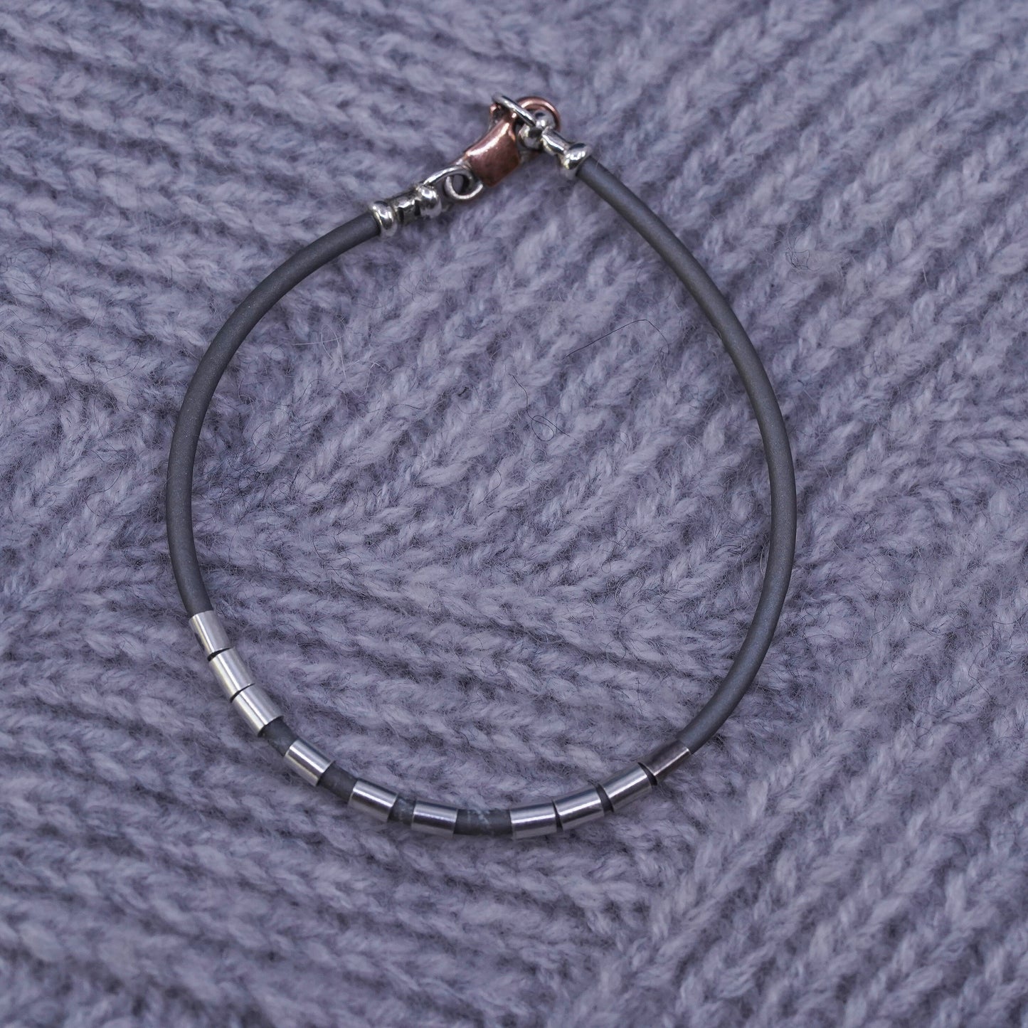 6.25”, Vintage Sterling silver handmade bracelet, 925 tube w/ gray rubber band