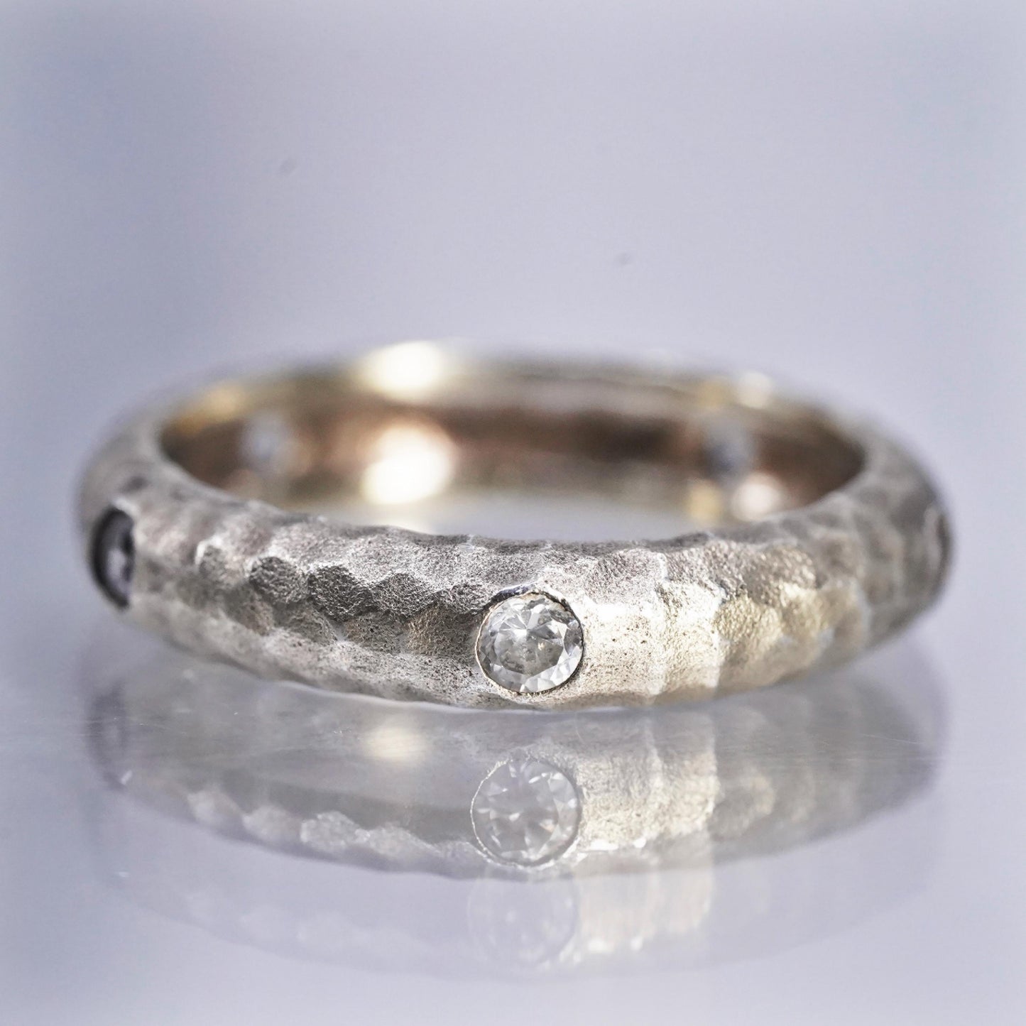 Size 6.25, VTG gold plated Sterling 925 silver hammered textured ring, Cz band