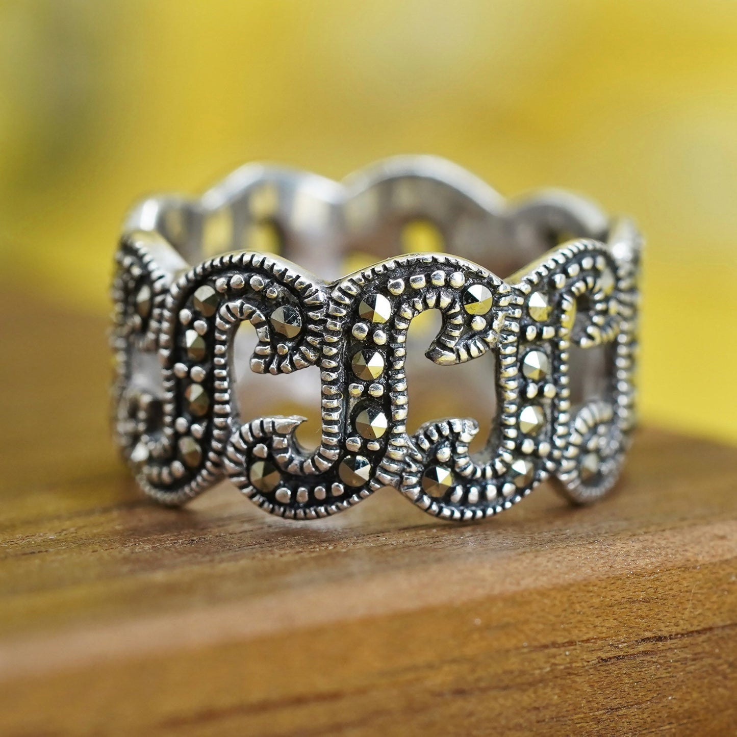 Size 6.75, Sterling silver handmade ring, southwestern, 925 S band marcasite