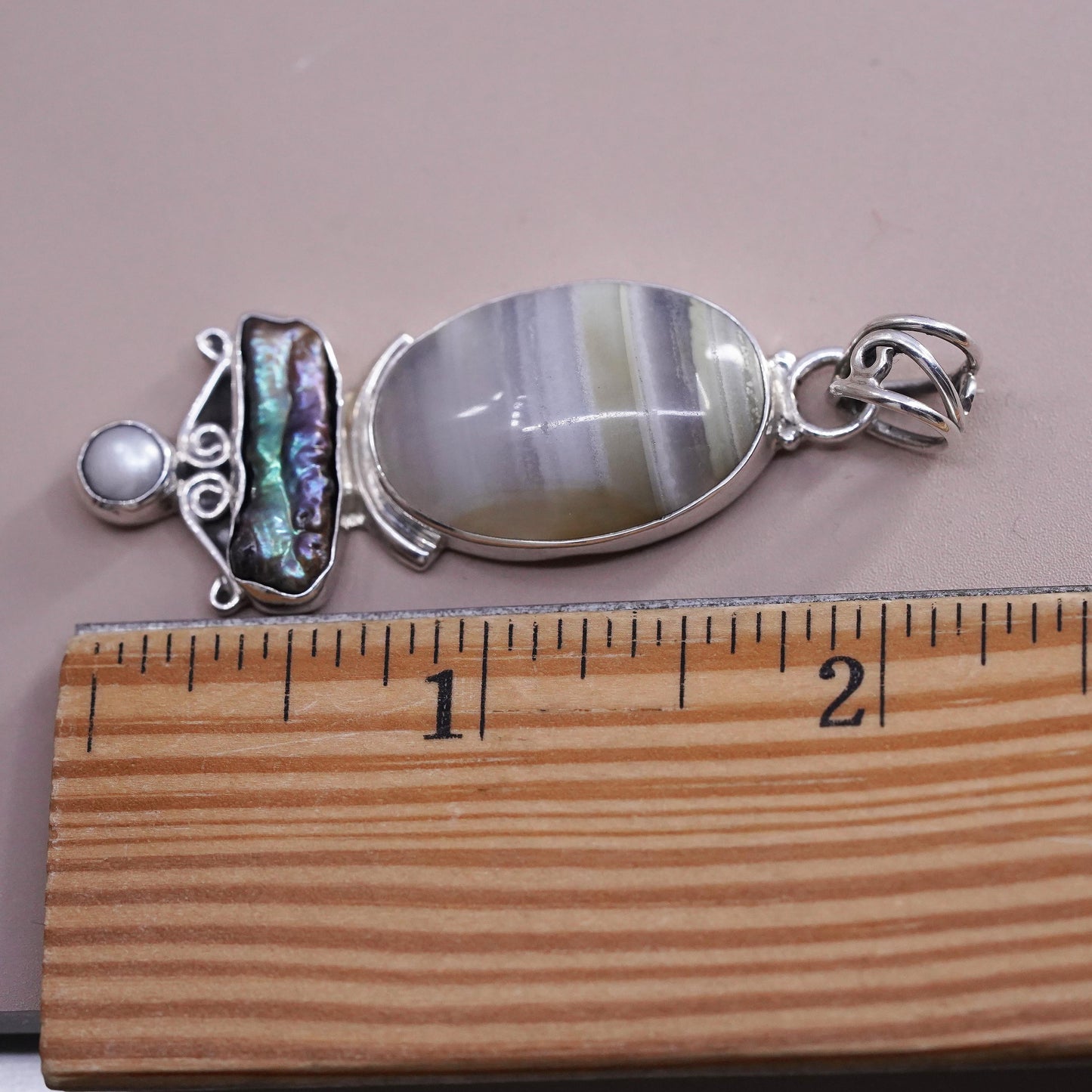 Vintage Sterling silver 925 handmade pendant with agate and baroque black pearl