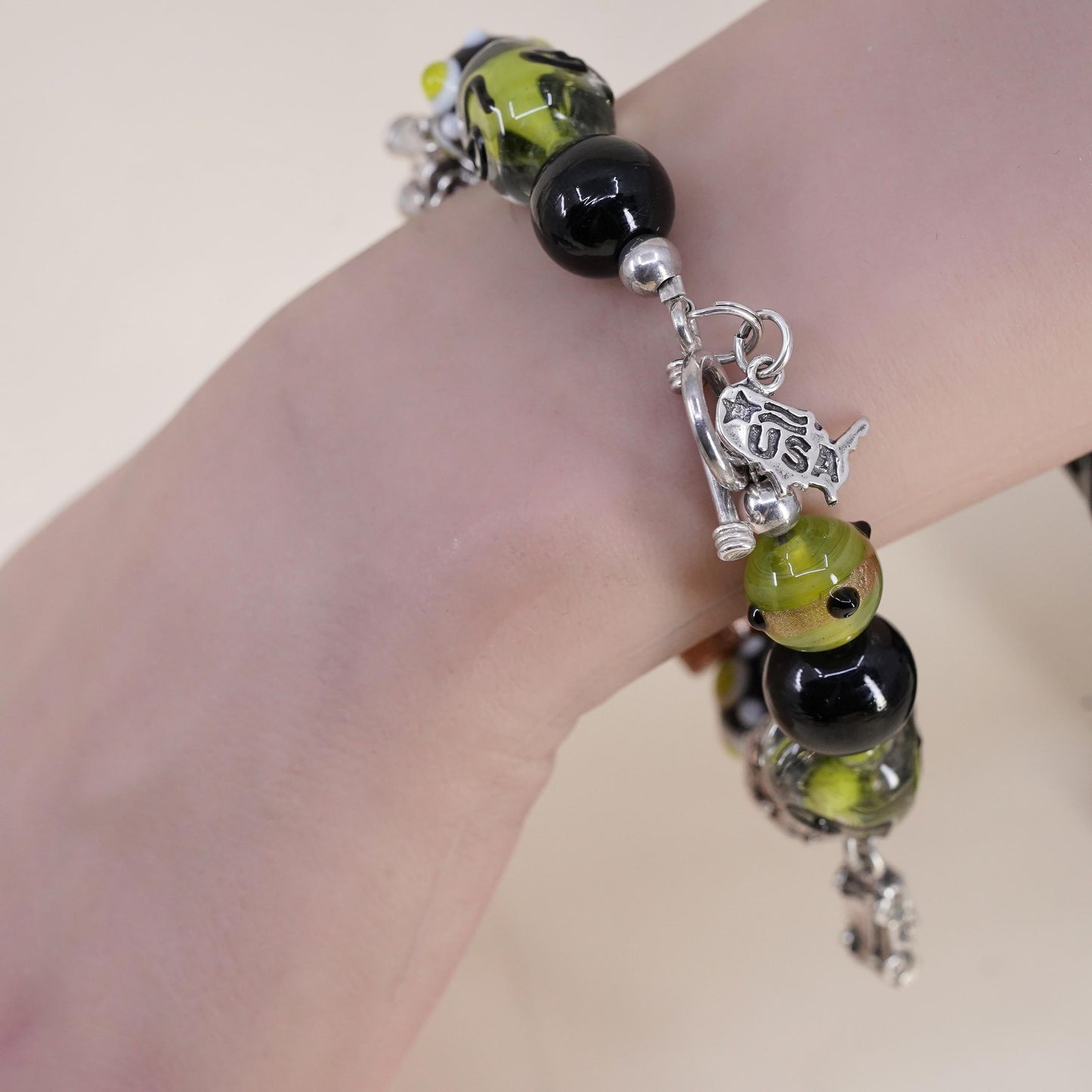 7”, Sterling 925 silver Lampwork Glass Bead Bracelet, Binoculars jeep car USA