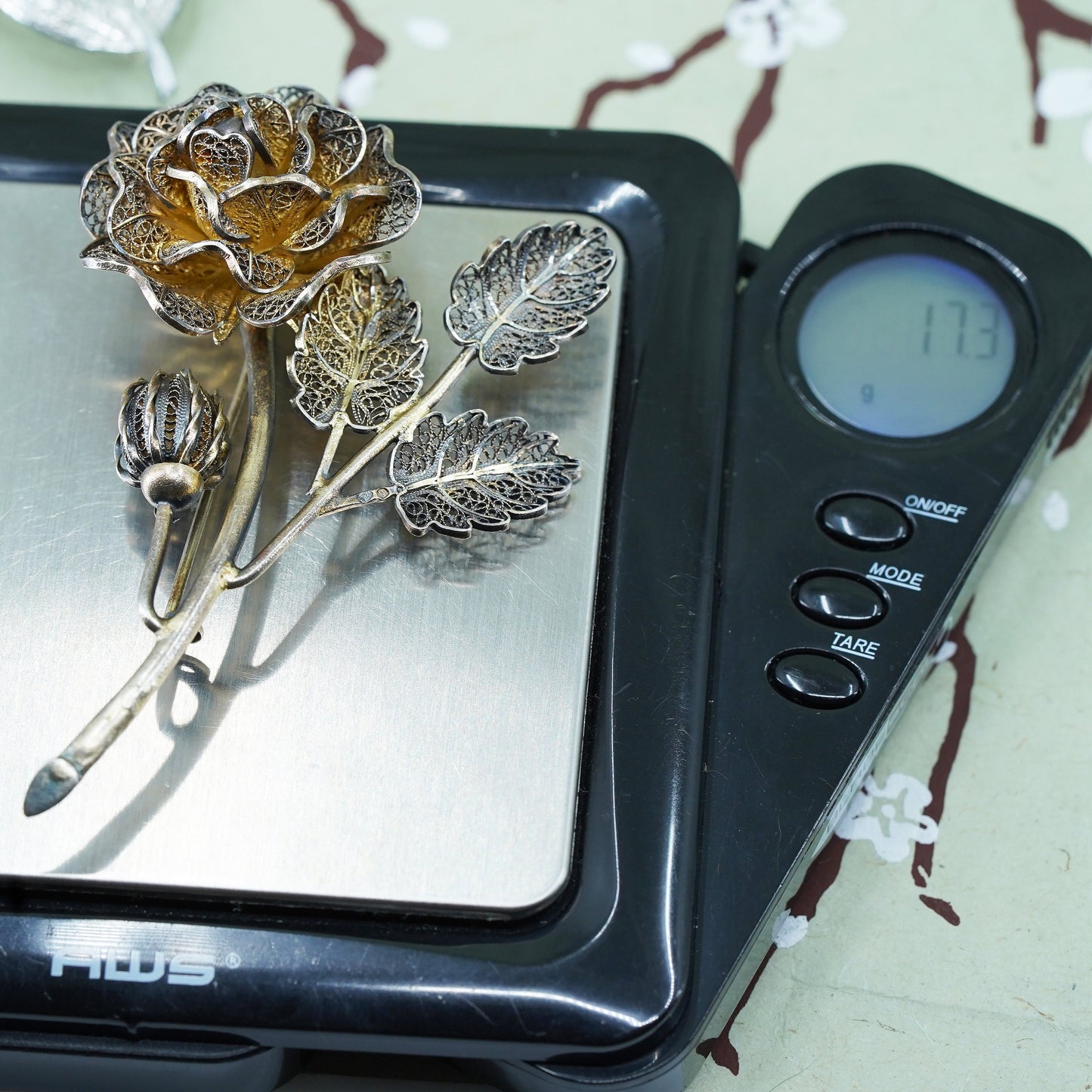 1960s 925 Sterling Silver Gold Plated VTG Portugal Filigree Floral Pin Brooch,