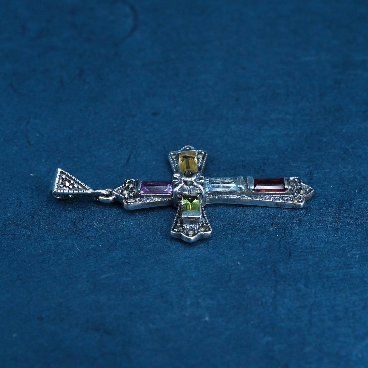 Sterling 925 silver cross pendant with ruby peridot citrine amethyst marcasite