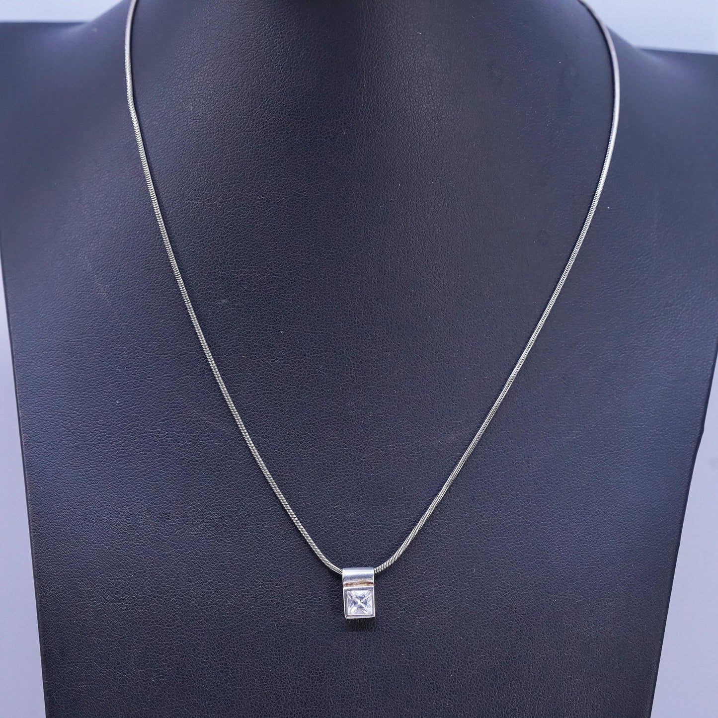 15+1", vintage Sterling silver necklace, 925 snake chain with square cz pendant