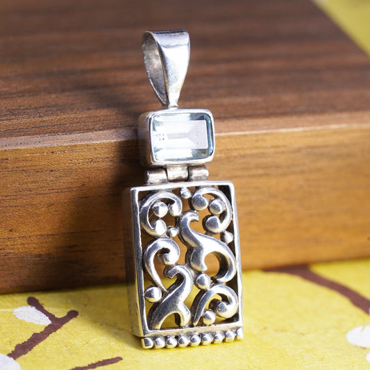 Vintage Sterling silver handmade pendant, 925 filigree rectangular with topaz