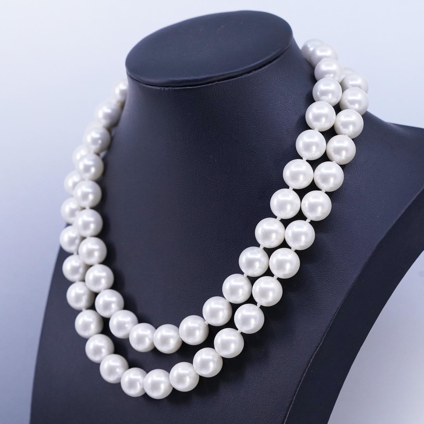 16", Sterling 925 silver double strands necklace faux pearl beads flower clasp