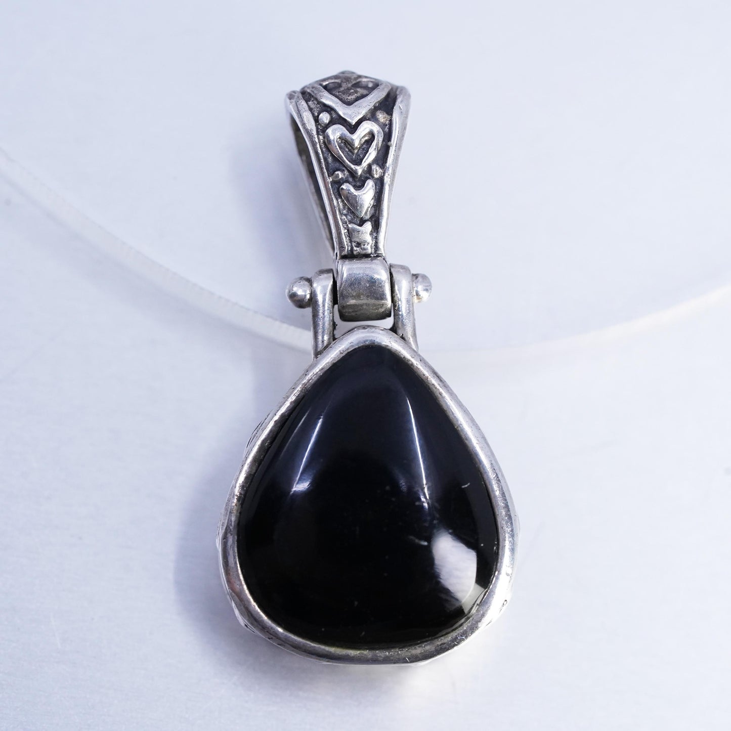 Vintage Bali sterling 925 silver double sided filigree teardrop pendant onyx