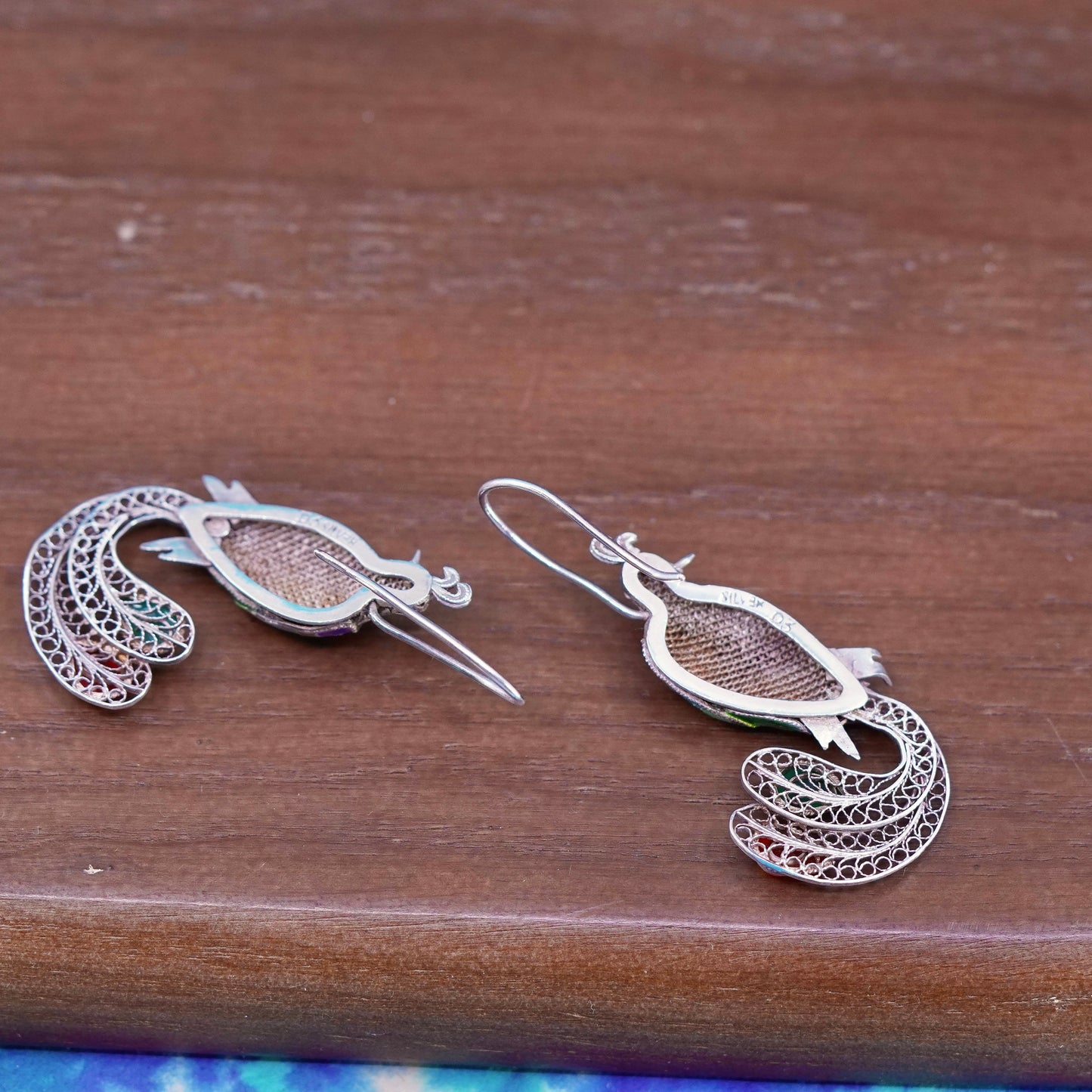Sterling silver handmade earrings filigree 925 peacock drops w/ colorful enamel