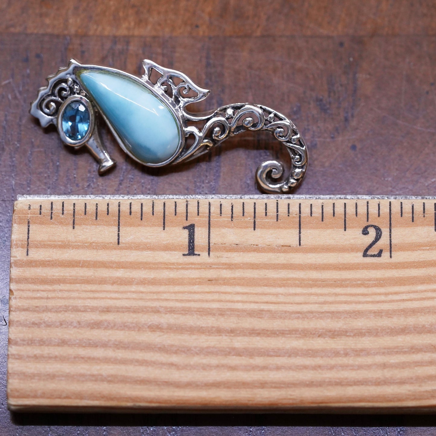 Vintage sterling 925 silver handmade filigree seahorse pendant larimar topaz