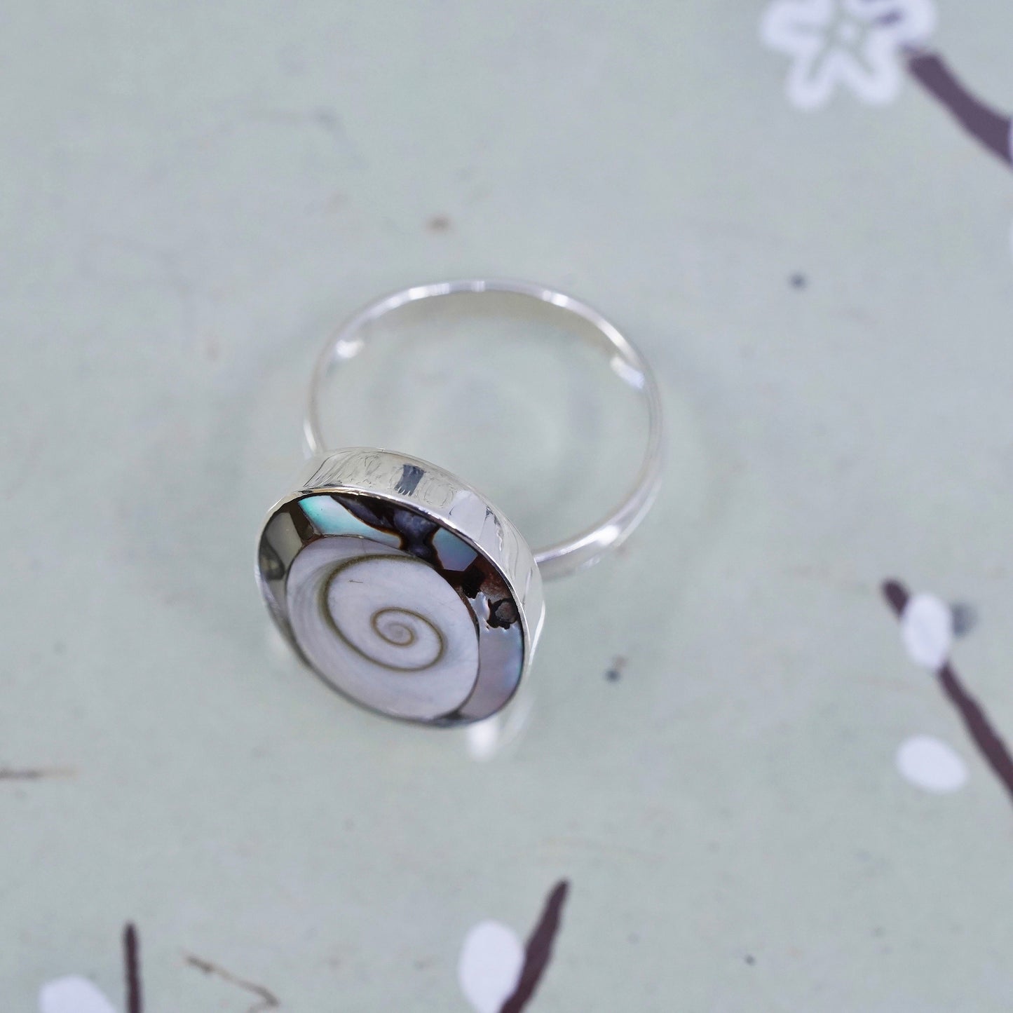 Size 7, Vintage sterling silver ring, handmade 925 band shiva eye snail shell