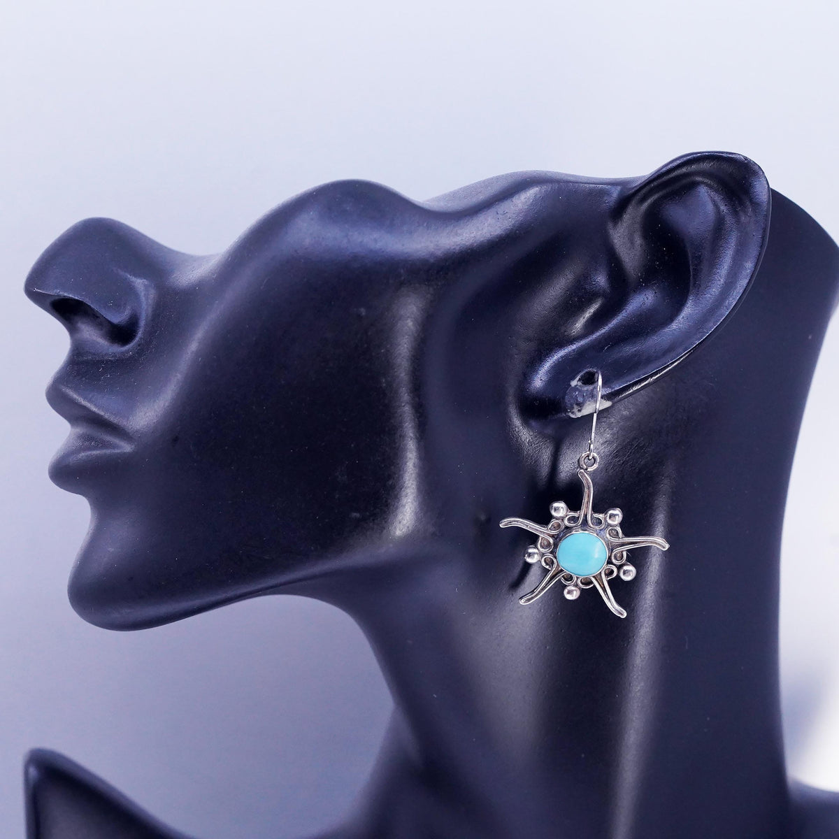Vintage handmade Sterling 925 Silver earrings, Turquoise Sun dangles