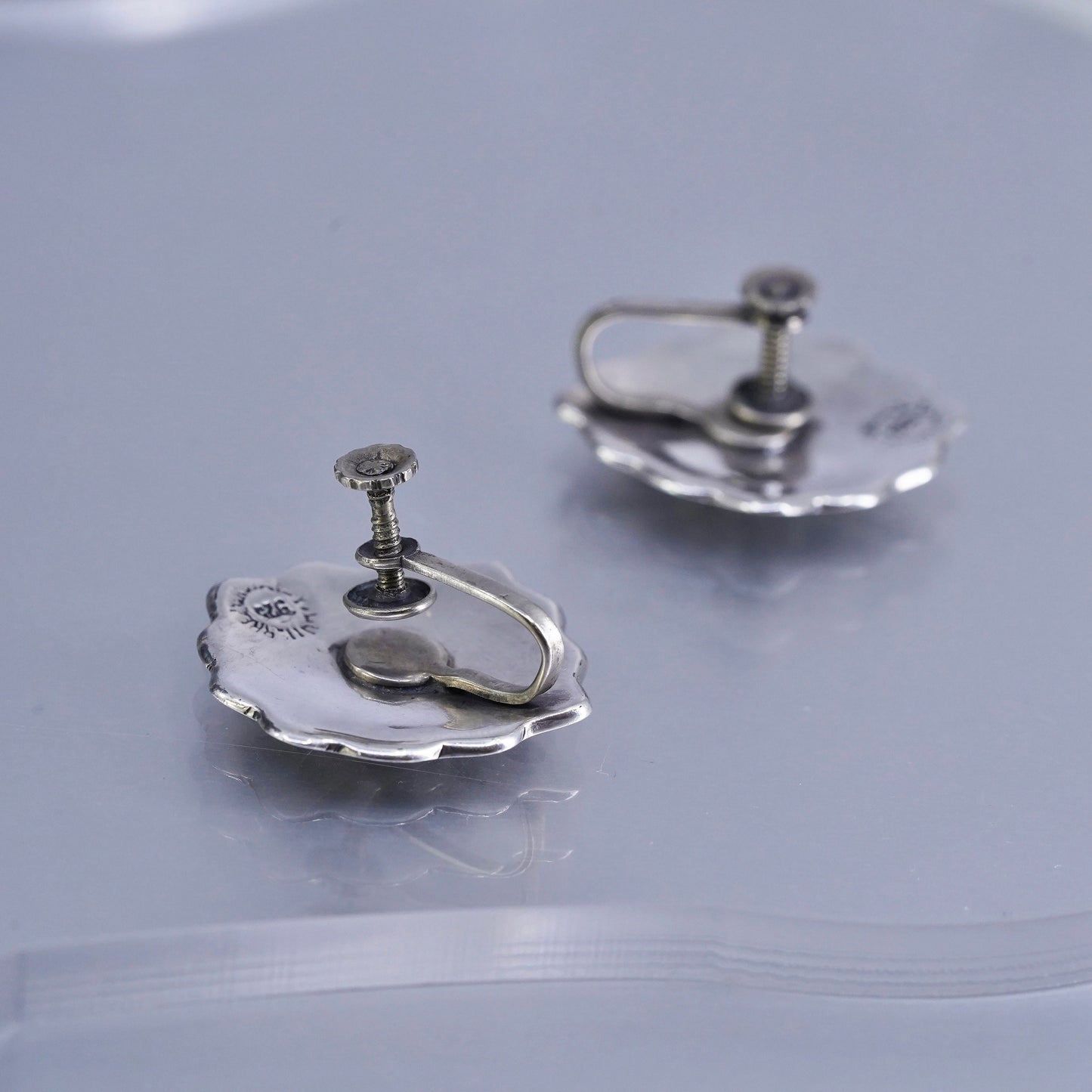 Vintage Mexican Sterling 925 silver handmade earrings, floral screw back