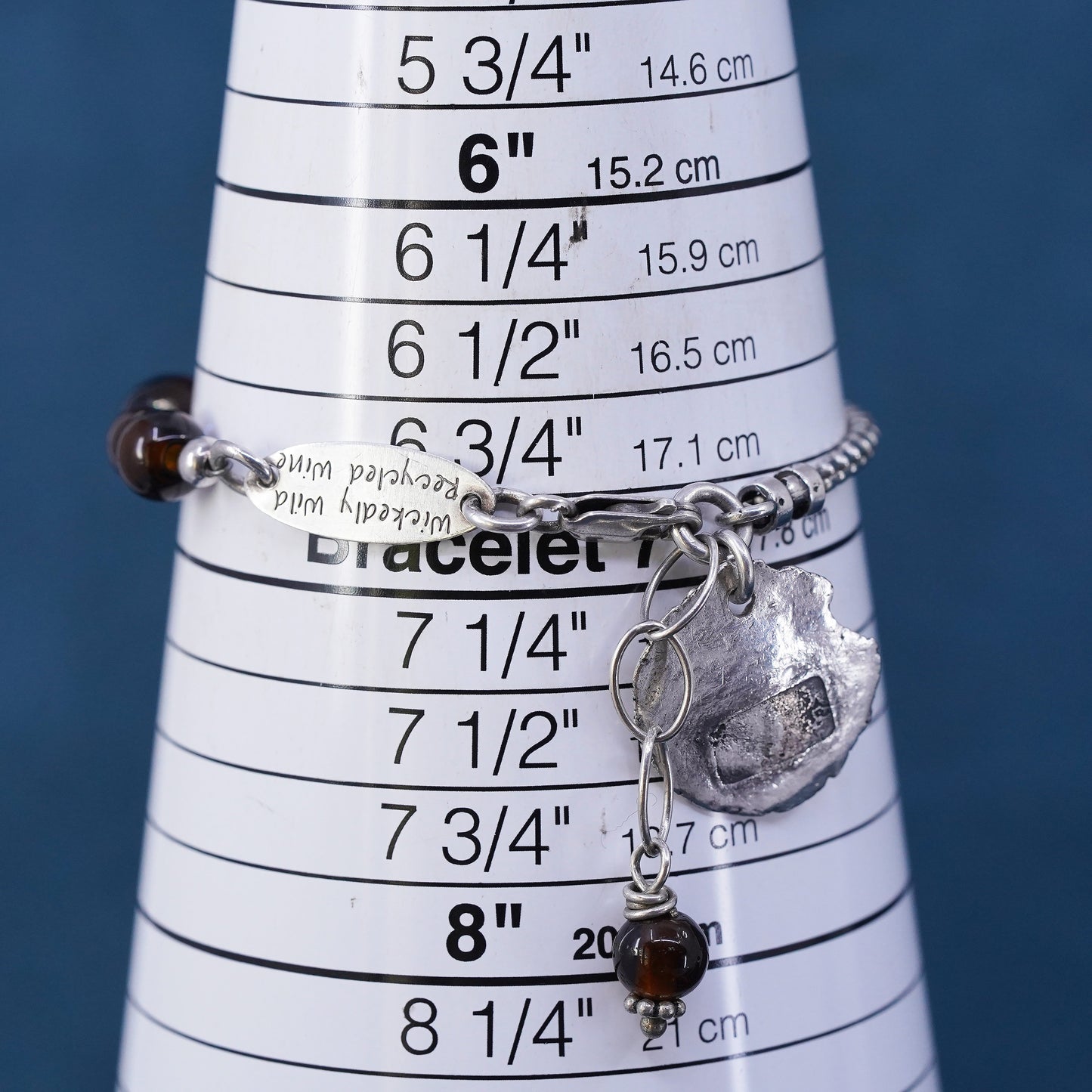 7", Wickedly Wild Recycled Wine sterling silver bracelet glass beads disc charm