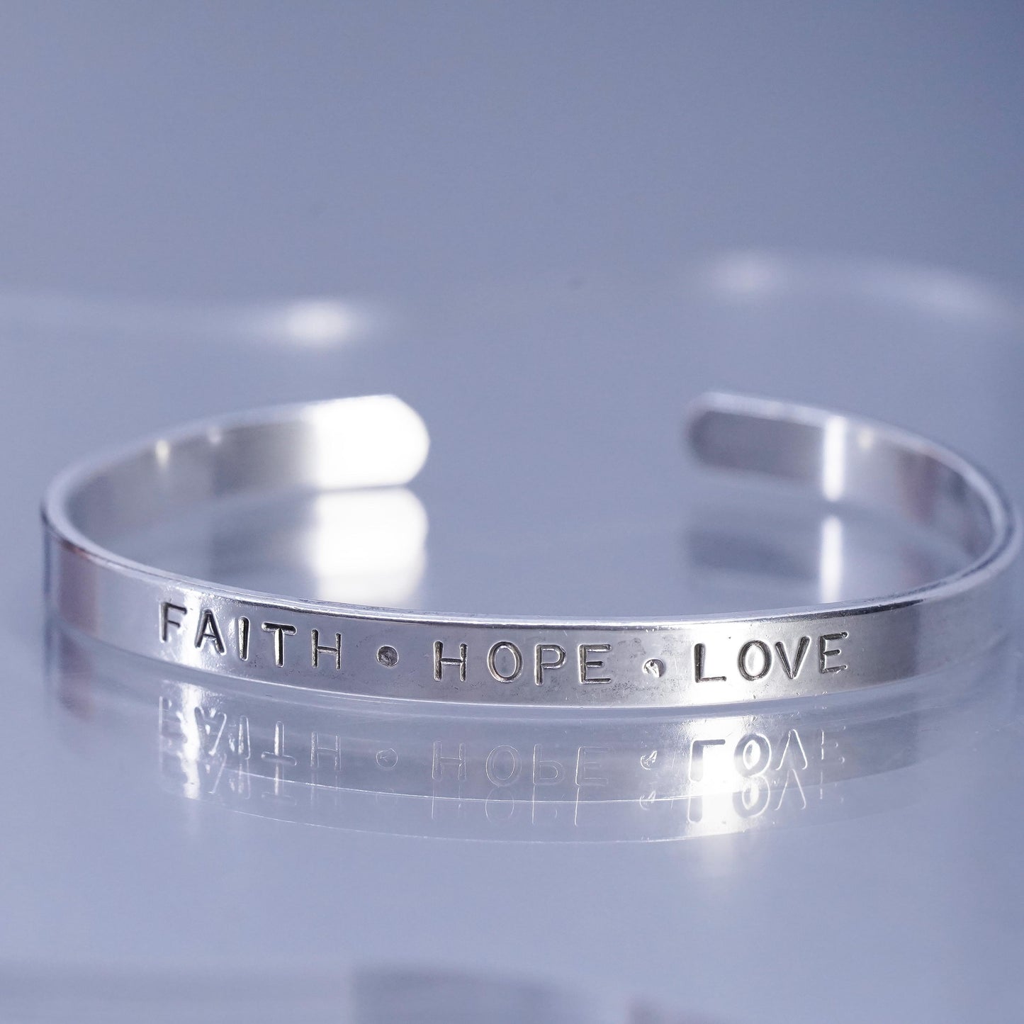 6.75”, southwestern Sterling 925 silver bracelet, quote cuff “faith hope love