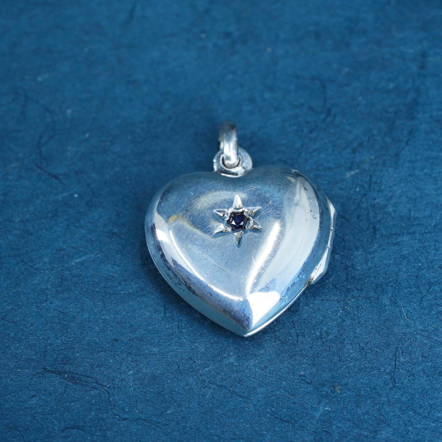 Vintage Sterling silver handmade pendant, 925 photo locket with sapphire center