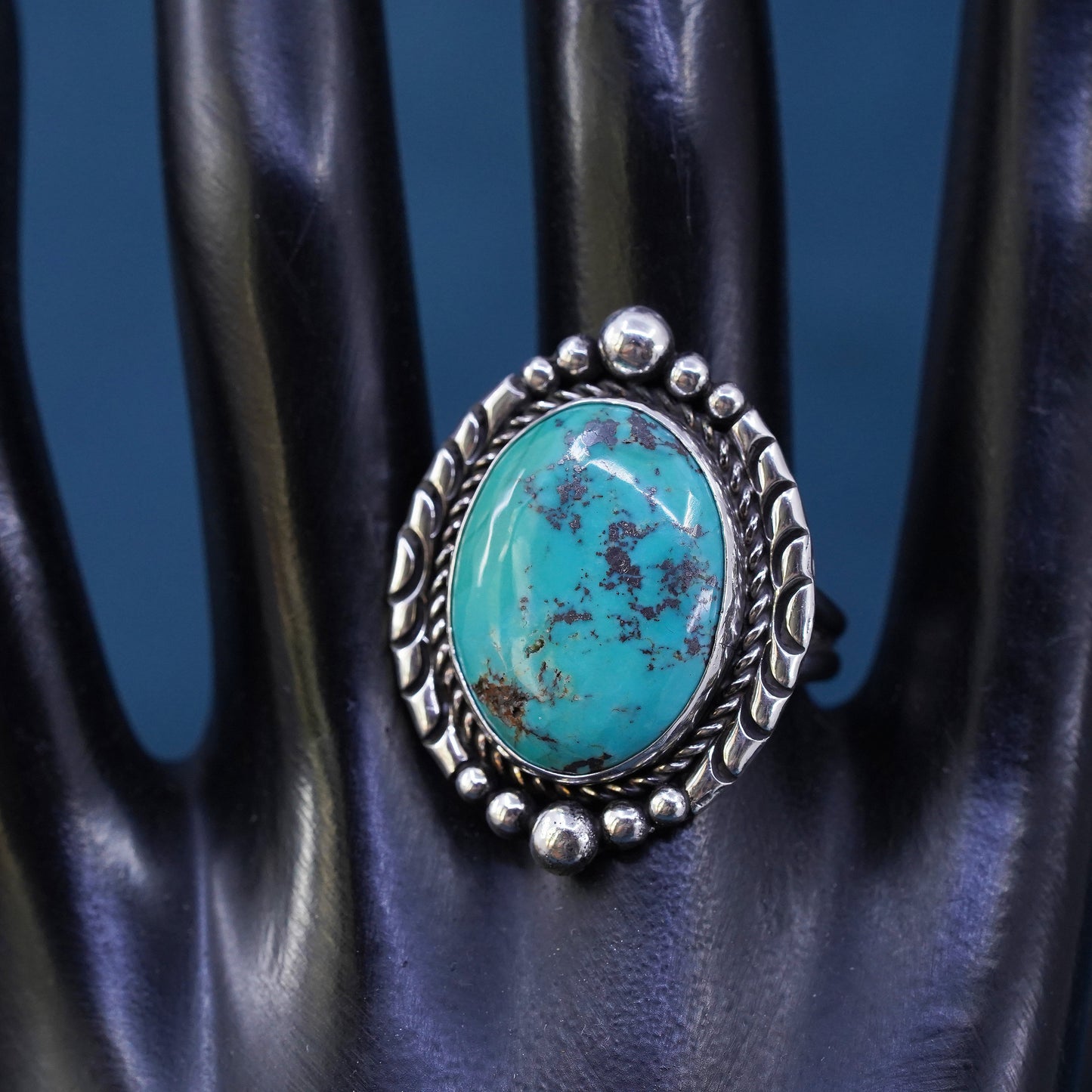 Size 10, Native American Annie Chapo Sterling 925 silver ring with turquoise