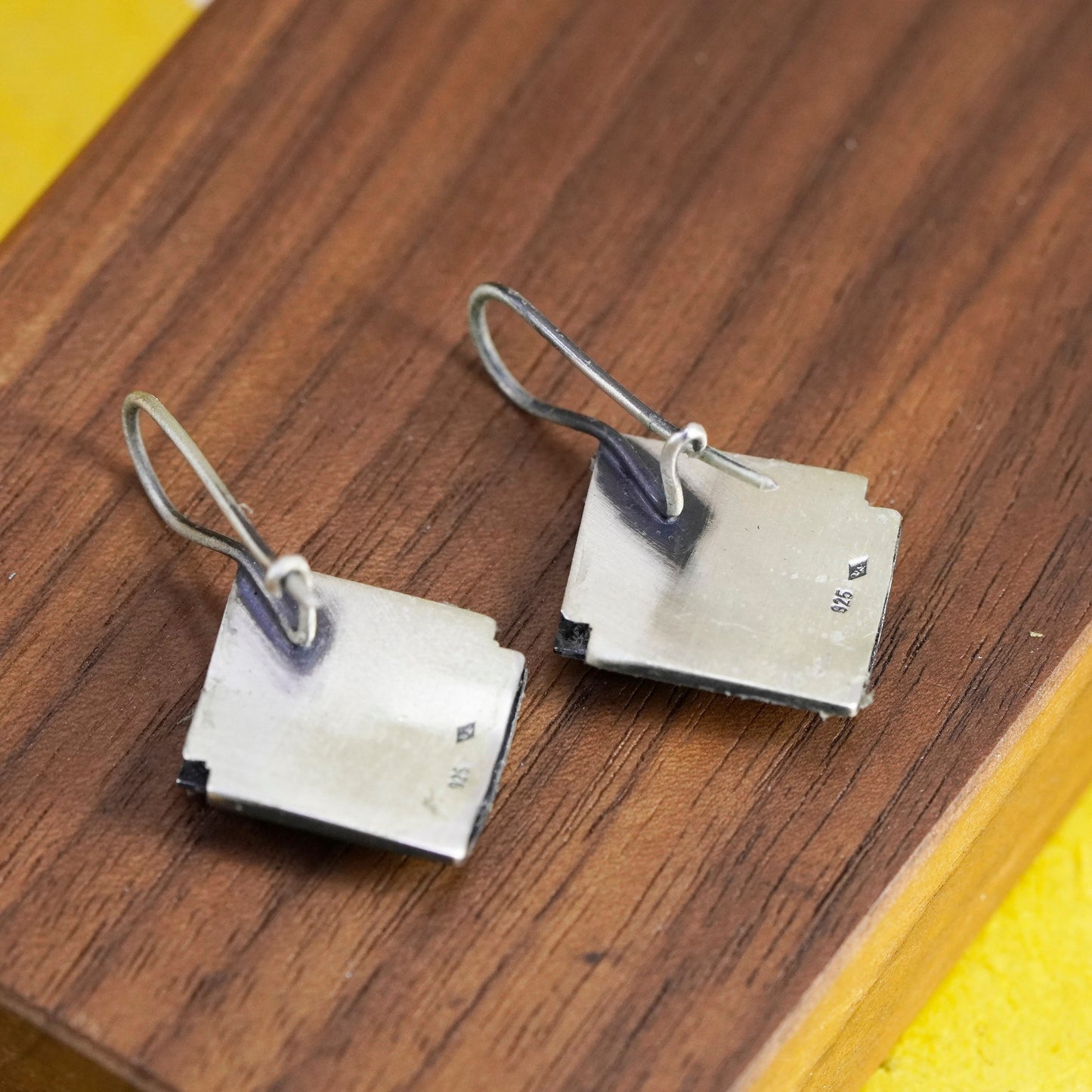 Vintage Sterling 925 silver handmade matte double square earrings with obsidian