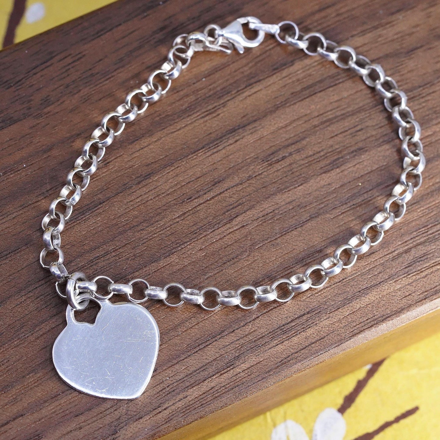 7” 4mm, vintage AERO Sterling silver bracelet, 925 circle chain w/ heart charm