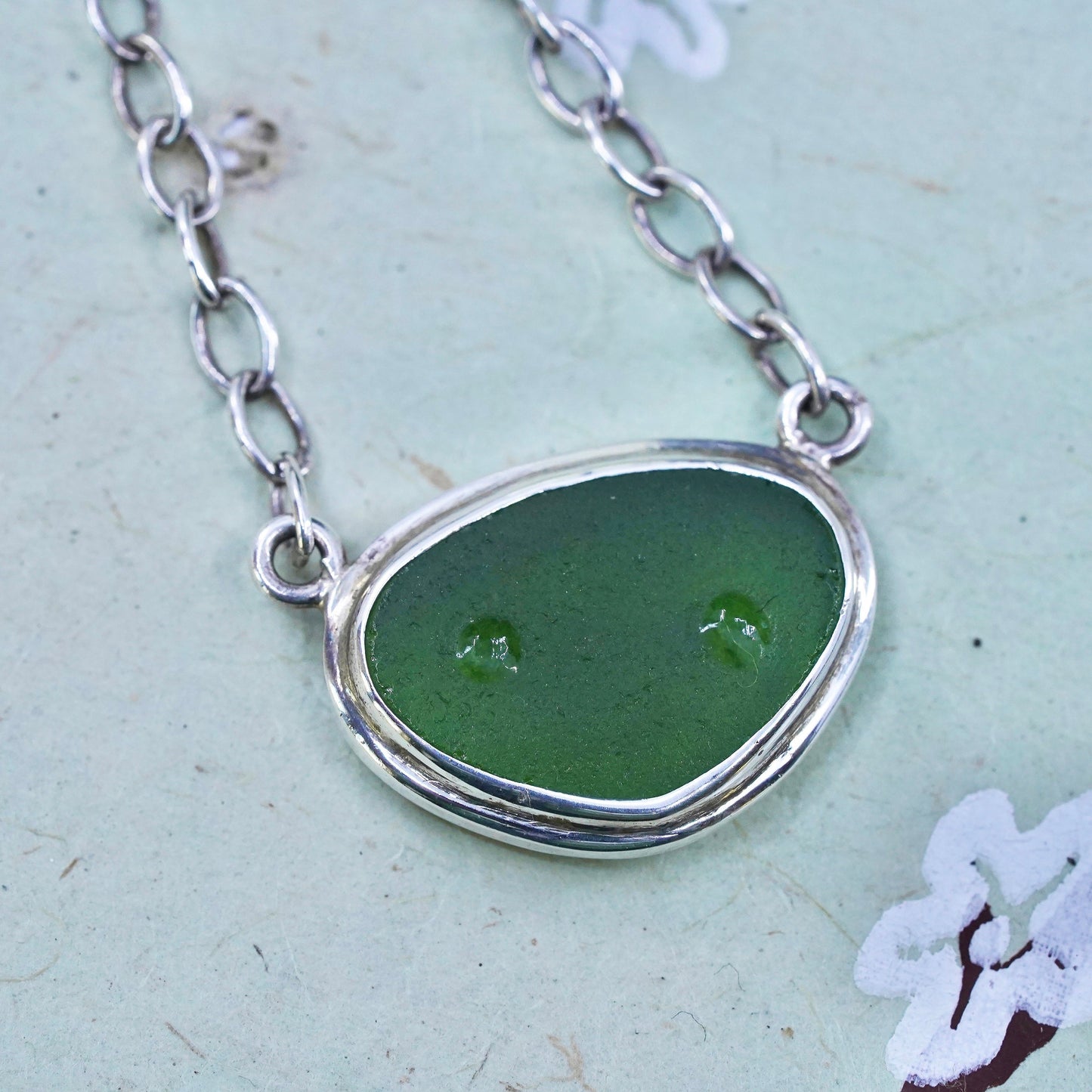 15+1", sterling silver oval link chain necklace green sea washed glass pendant