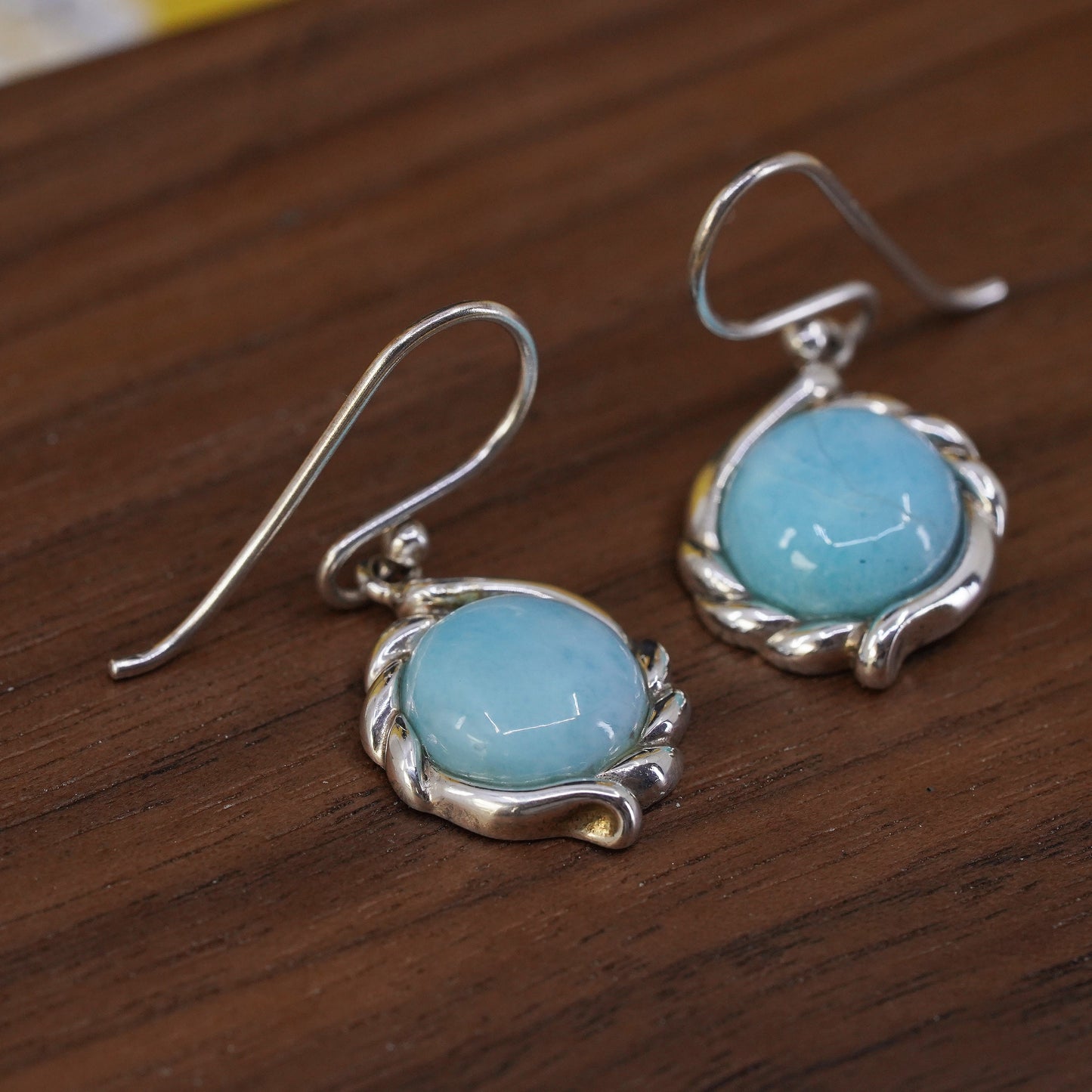 Vintage Sterling 925 silver handmade earrings with round Larimar