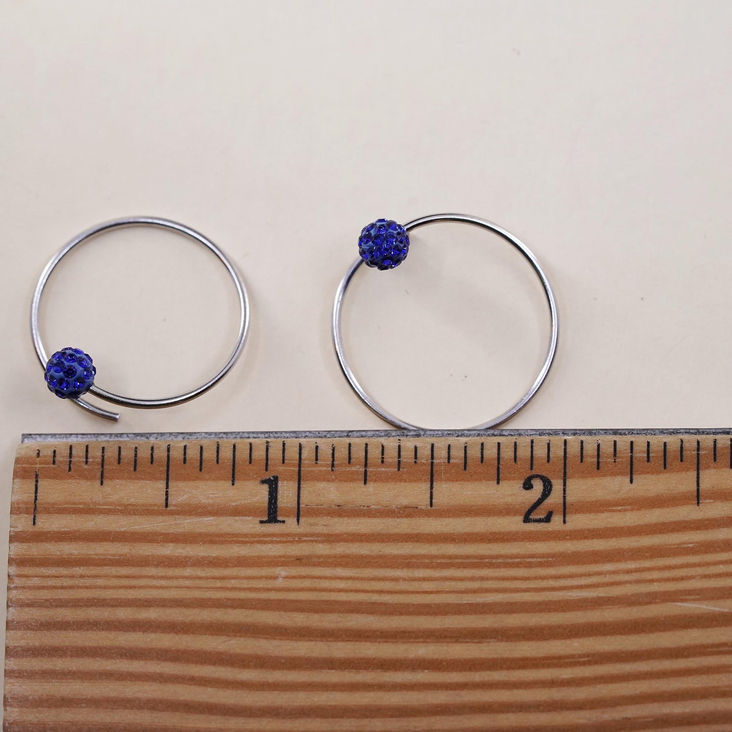 0.75”, Vintage sterling silver loop earrings, hoops with blue crystal bead