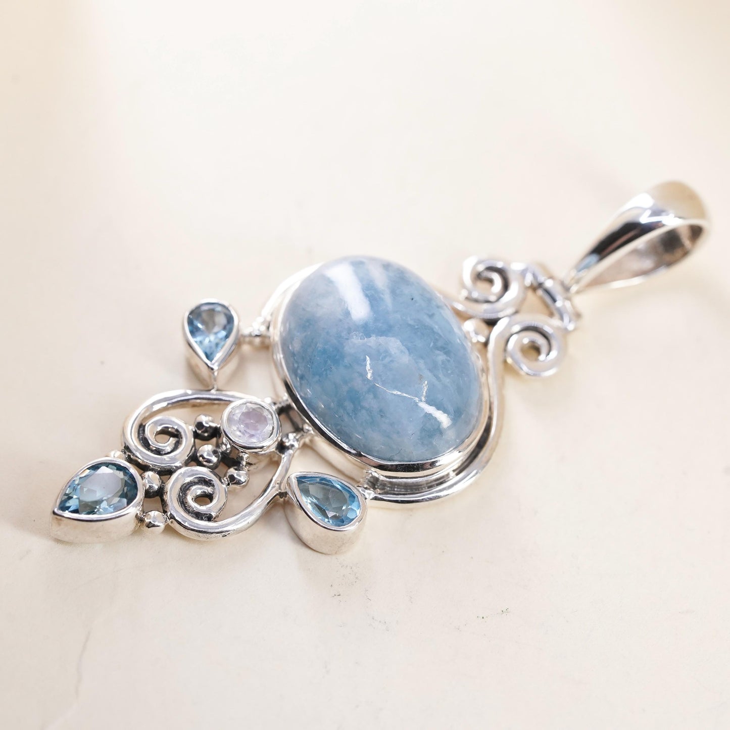 Vintage ARYA Aquamarine Blue Topaz Moonstone Sterling Silver Pendant, Statement Jewelry, Artisan Gemstone, stamped 925 Arya