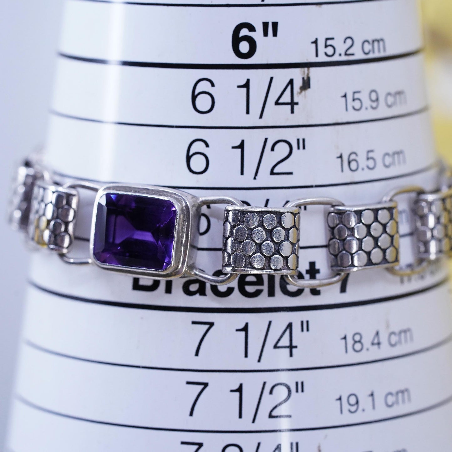 6.75", Vintage Sterling Silver Amethyst Link Bracelet, Beaded Textured chain