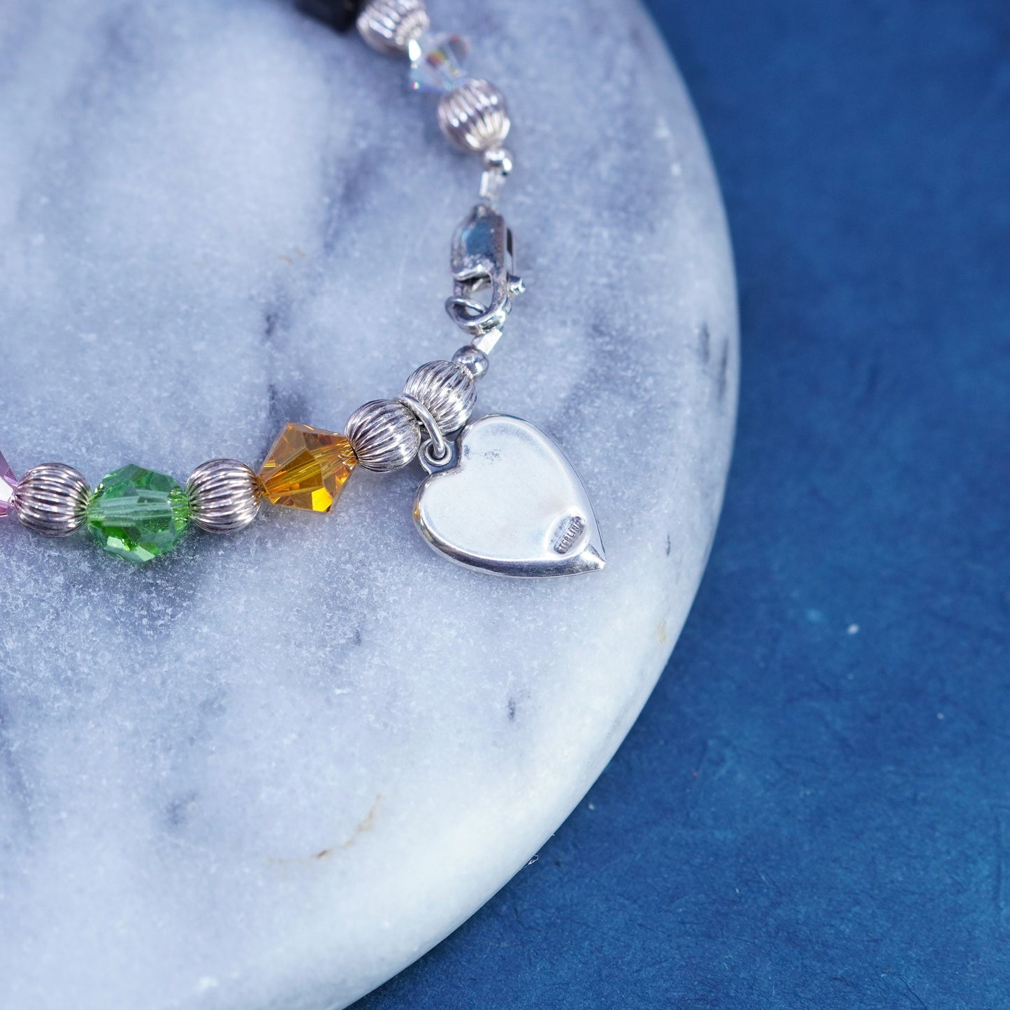6.75”, Sterling 925 silver bracelet with colorful crystal and heart charm